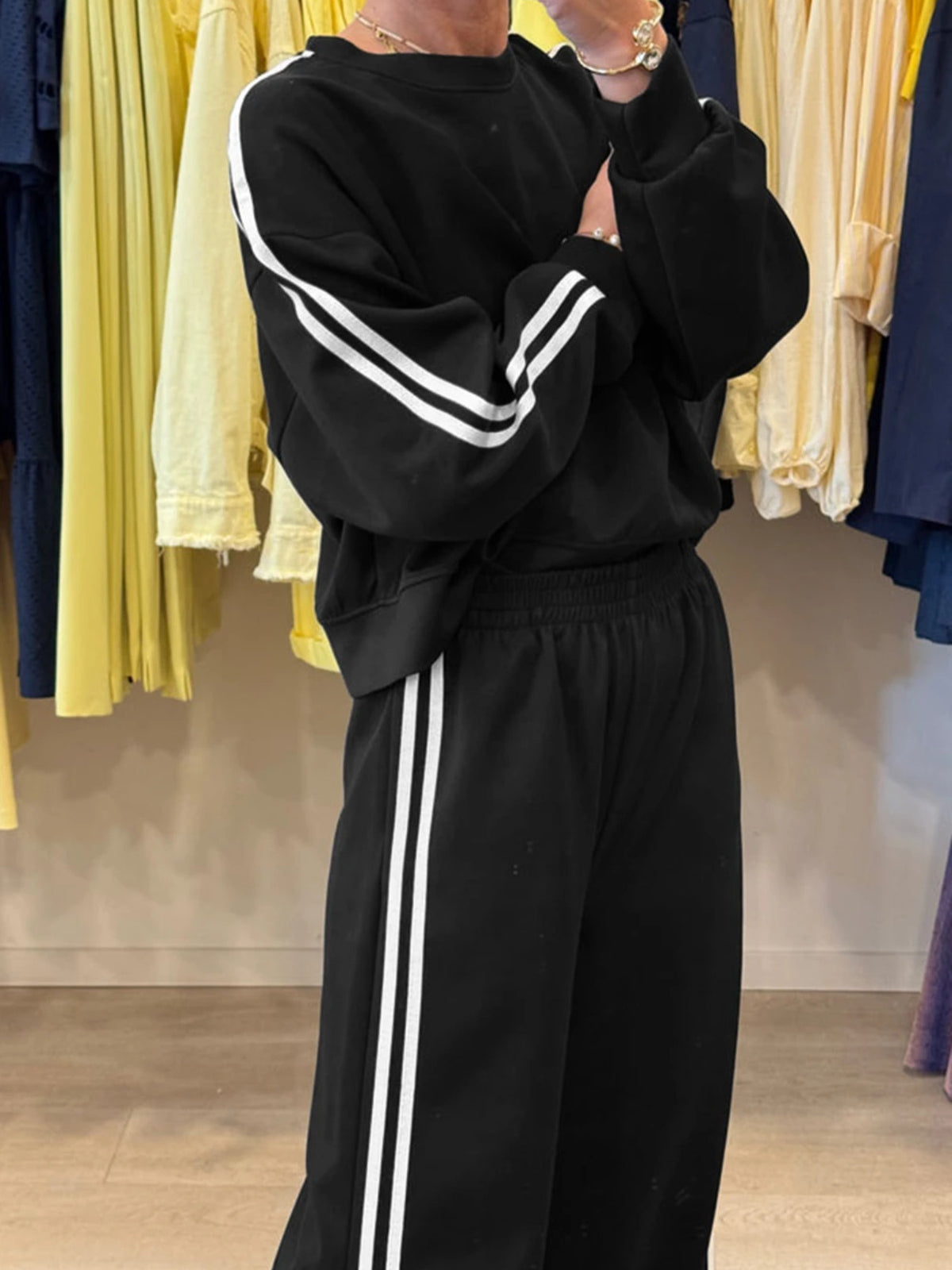 Fiery Red Varsity Striped Detail Crewneck Pullover Elastic Sweatpants 2pcs Outfit