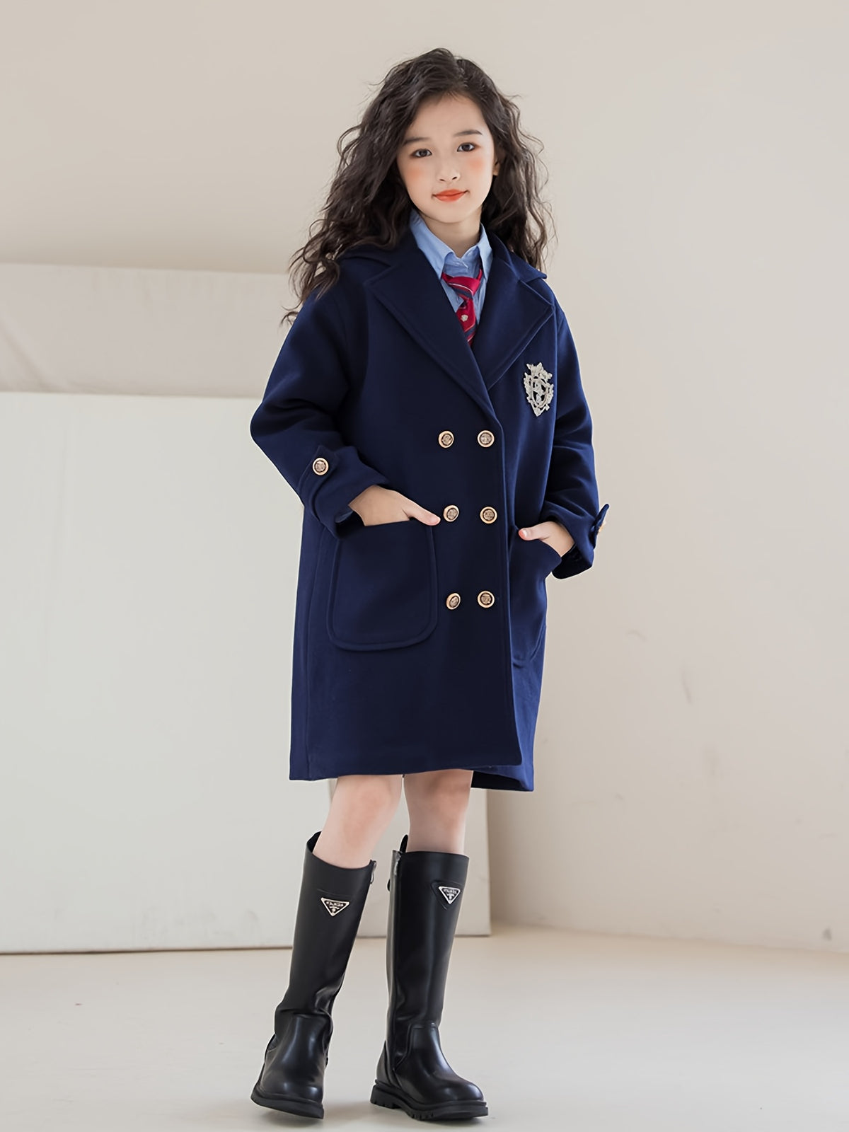 Girls' Thickened Mid-length Tweed Coat | School Style, Lapel Collar, Button Details, Regular Fit, Solid Color, Winter Warmth