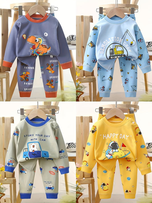 Eight Pieces And Four Sets Of Combination Autumn Simple Fashion Full Print Set Car Dinosaur Astronaut Full Print Lovely Children Love Locomotive Astronaut Dinosaur Print Series Autumn Set Comfortable And Breathable