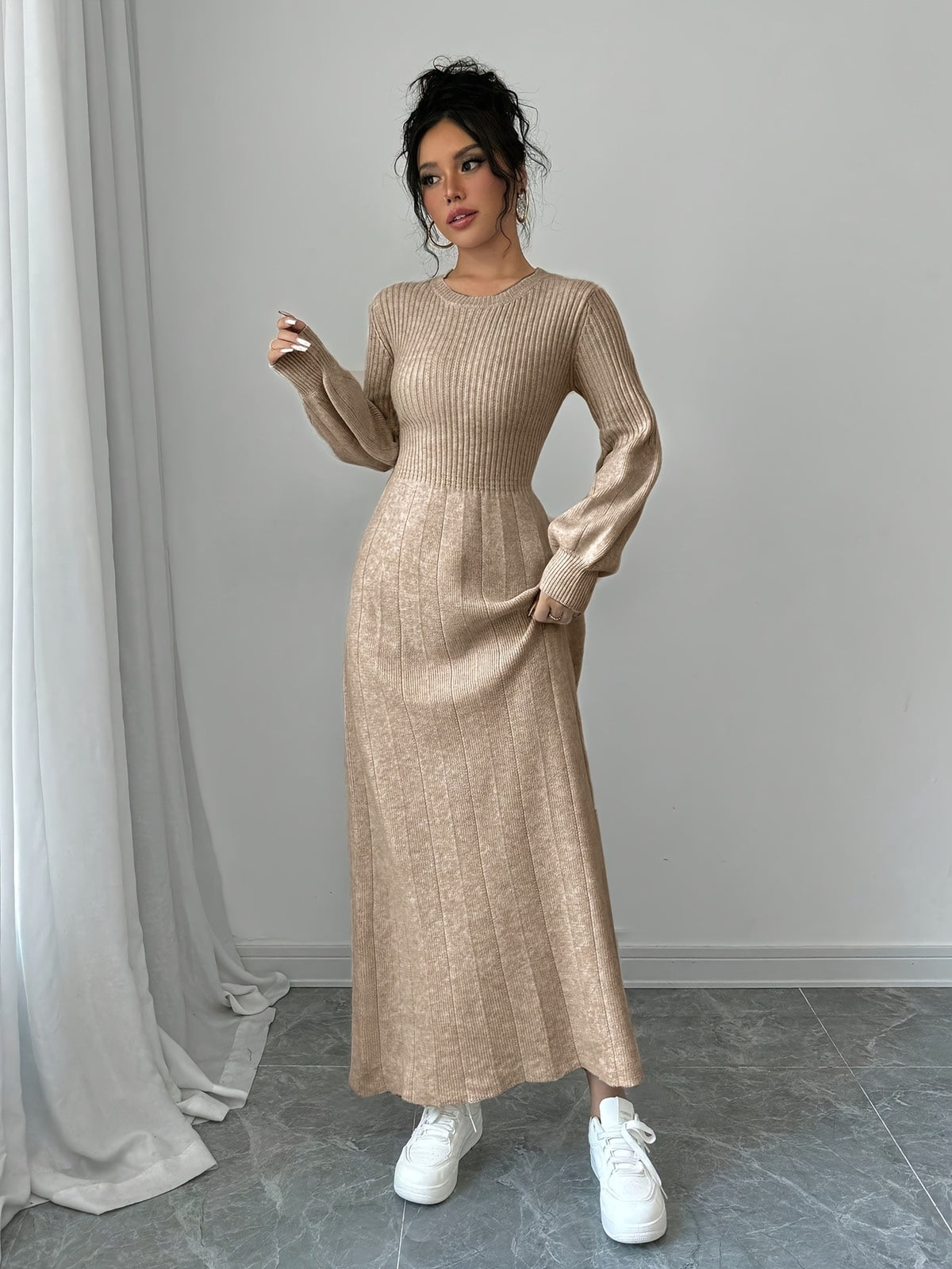 Elegant Beige Sweater Dress with Lantern Sleeves - Long, High Neck, Ribbed Texture, Perfect for Fall & Winter, Stylish Women'S Fashion, Casual Chic Dress | High Neck Dress | Construction, Sweater Dress