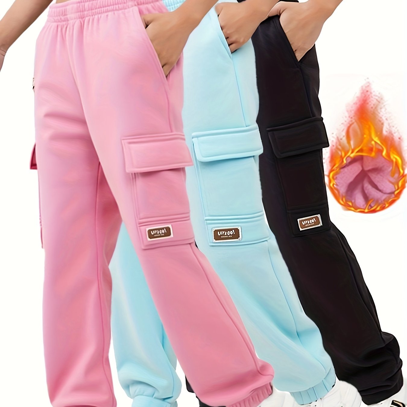 3pcs Girls' Thermal Pants with Elastic Waist & Multi-Pocket Design - Winter Warm Cargo Trousers for Outdoor Play,, Skiing - Pink//Dark Blue Teen Girls' Casual Pants (Hand Washable), Perfect for Outdoor