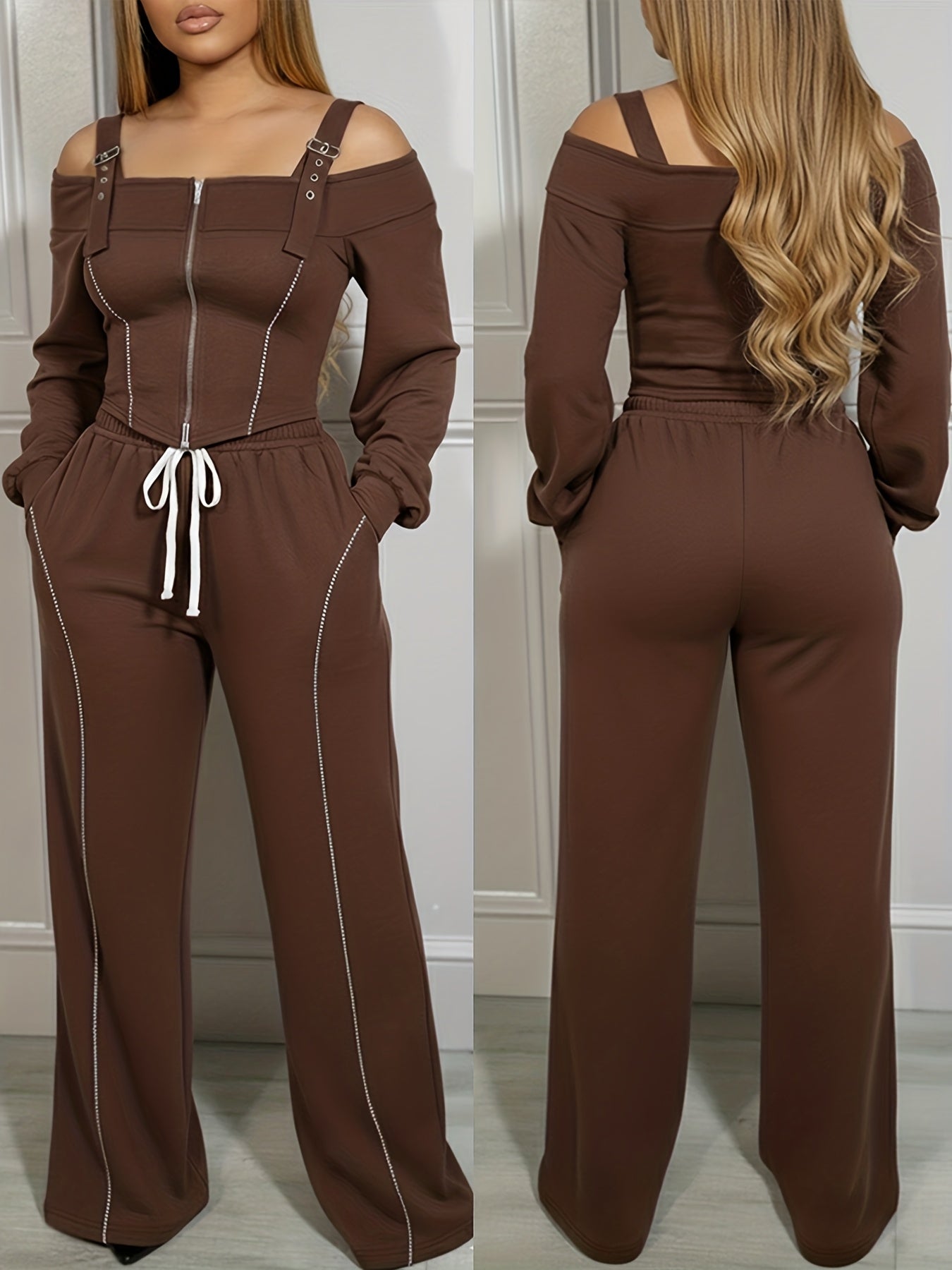 2pcs Outfit Trendy Long Sleeve Cold Shoulder Top And Drawstring Waist Pants with Pockets