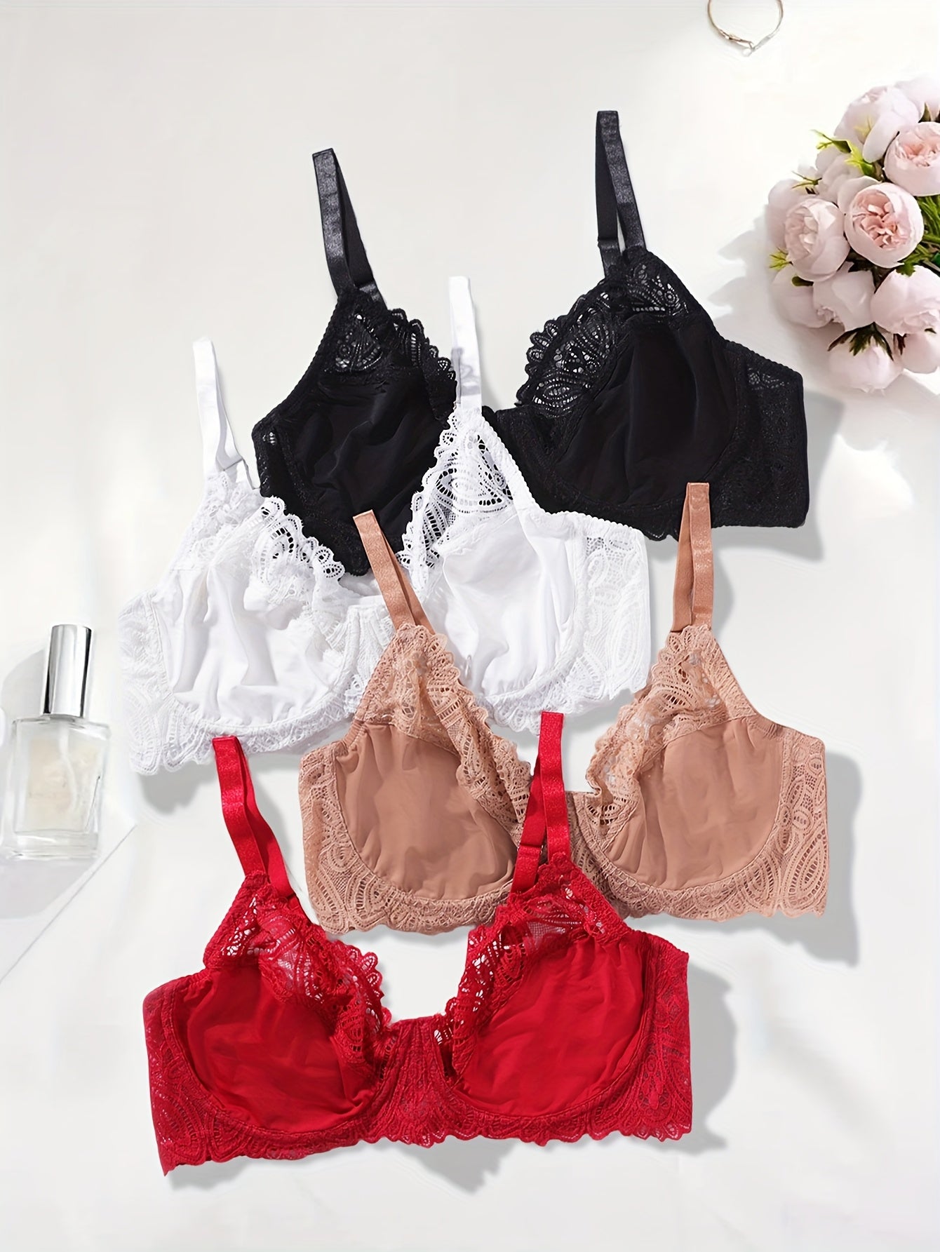 4pcs Plus Size Elegant Full Cover Underwire Lace Bra, Comfortable Fit, Breathable, Adjustable Straps Soft Stretch Fabric for All-Day Comfort- Perfect for Casual Attire, Plus Size Underwire Lightly Padded Bra, Women Bras for W