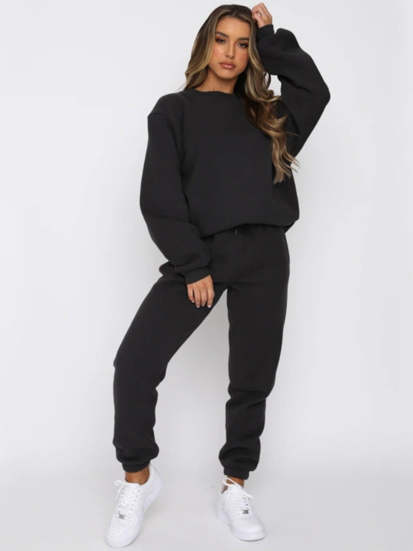 Solid Color Sweatshirt Set- Women's Round Neck Long Sleeve& Pants