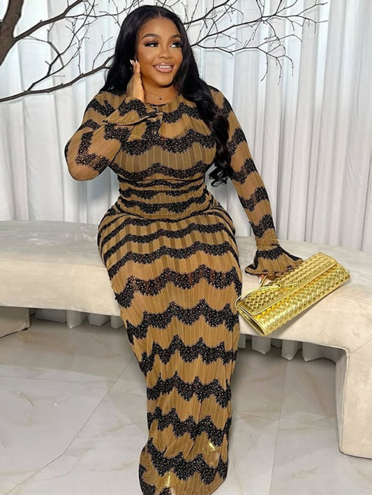 Long-Sleeved Printed Bodycon Dress | New Round Neck, Fit for Commuting and ' Party, Elegant Crew Neck, Spring/Fall Season, Mermaid Hem by LUCKFOX.