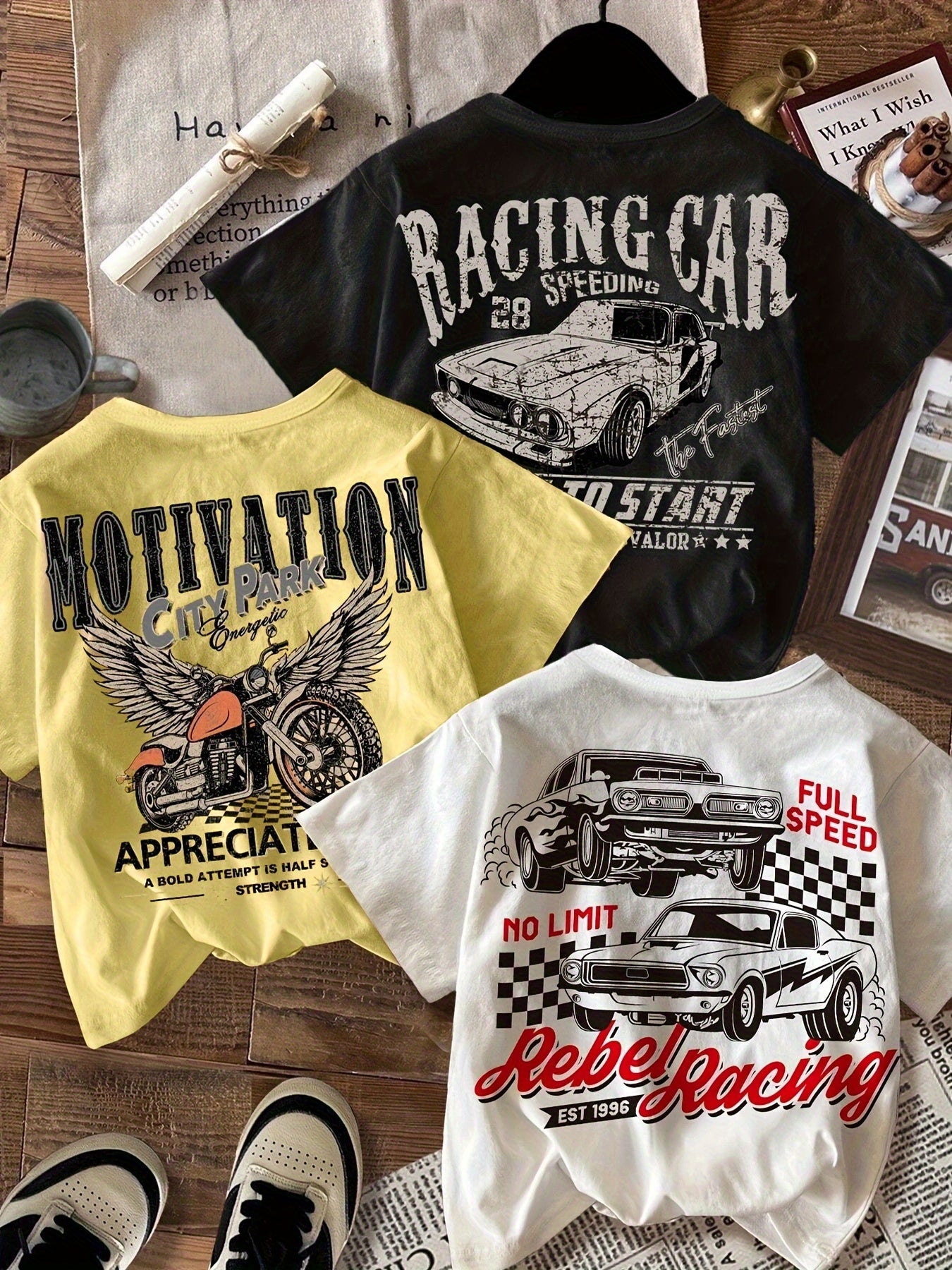 [3pcs Kids' T-Shirts] 3pcs Racing-Themed Kids' T-Shirts | Casual Crew Neck, Short Sleeve, Stretchy Fabric | "Motivation," "Full Speed," "Rebel Racing" Designs with Cars & Motorcycles, Black, Yellow, White, Machine Washable, I