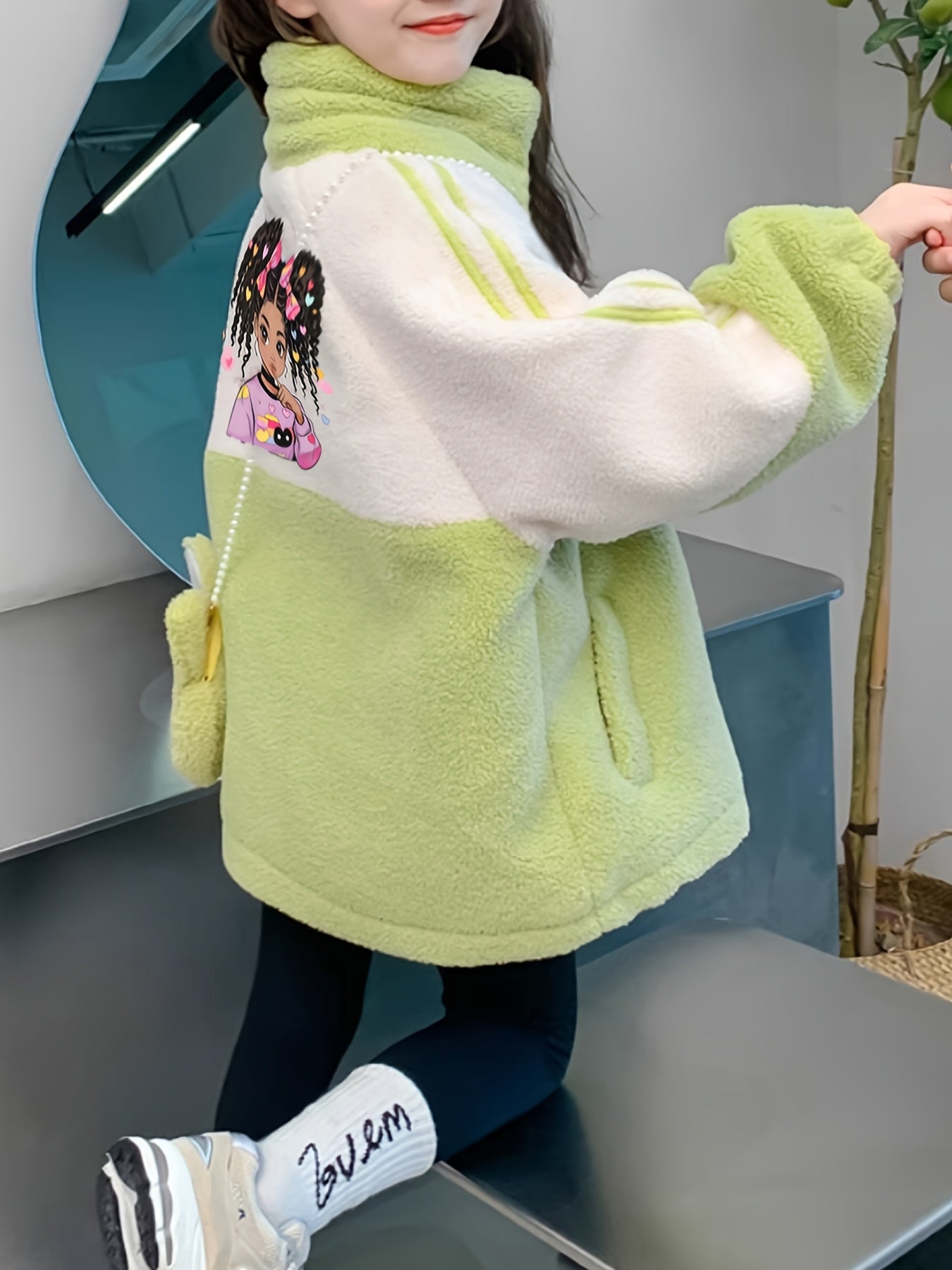 Girls' Winter Coat with Heart & Bunny Face - Soft Fleece-Lined Zipper Front, Loose Fit Long Sleeve Outerwear, Cute Cartoon Character Design for Halloween & Everyday