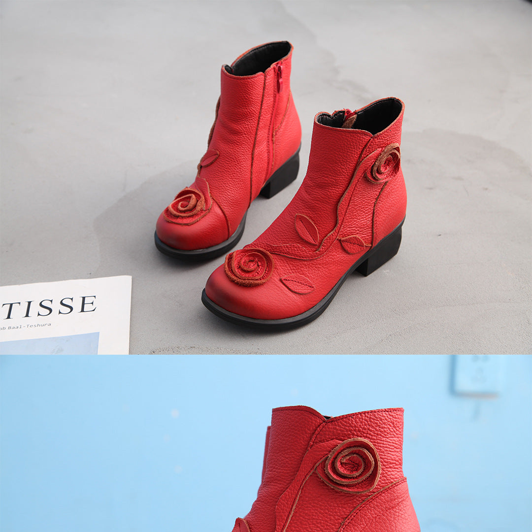 Women'S Genuine Leather Chunky Mid-Heel Ankle Boots with Hand-Stitched Floral Design - Round Toe Zipper Closure, Retro Western Style, Plush & Cushioned Insole, Red/ Colorway, Durable Rubber Sole - Hand Washable Winter Boots f