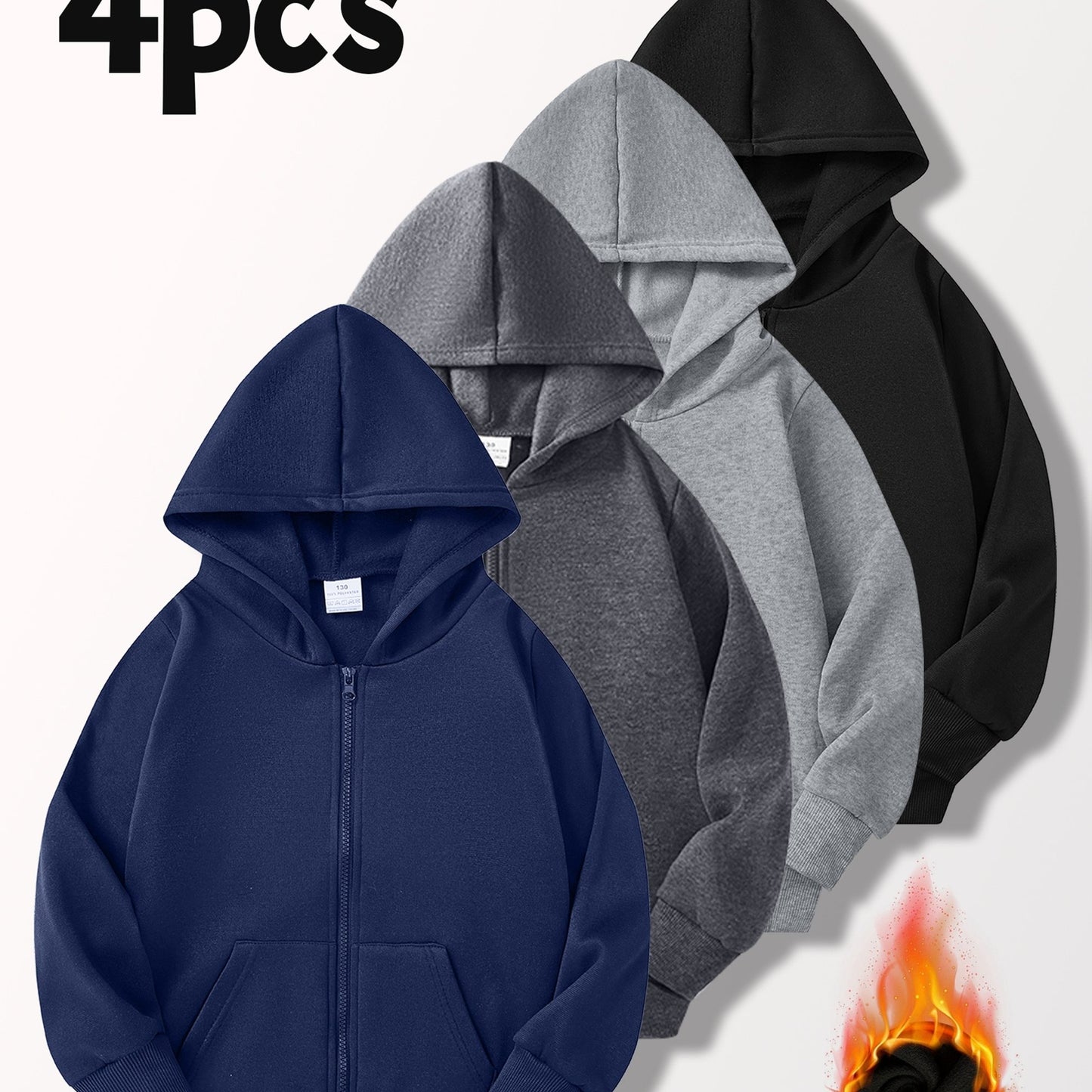 [4pcs Boys' Cardigan Jackets] 4pcs Boys' Light-Lined Zip-Up Hooded Cardigan Jackets | Multi-Color & Solid Color | Autumn & Spring, Stylish & Versatile for Outdoor Jogging