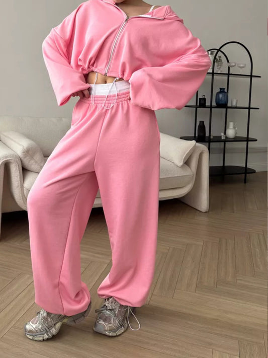 Women's 2pcs Winter Sweatsuit - Solid Color Oversized Zipper Cardigan & Elastic Jogger Pants, Matching Set, Machine Washable Cozy Outfit for Fall/Winter Layering (2pcs)