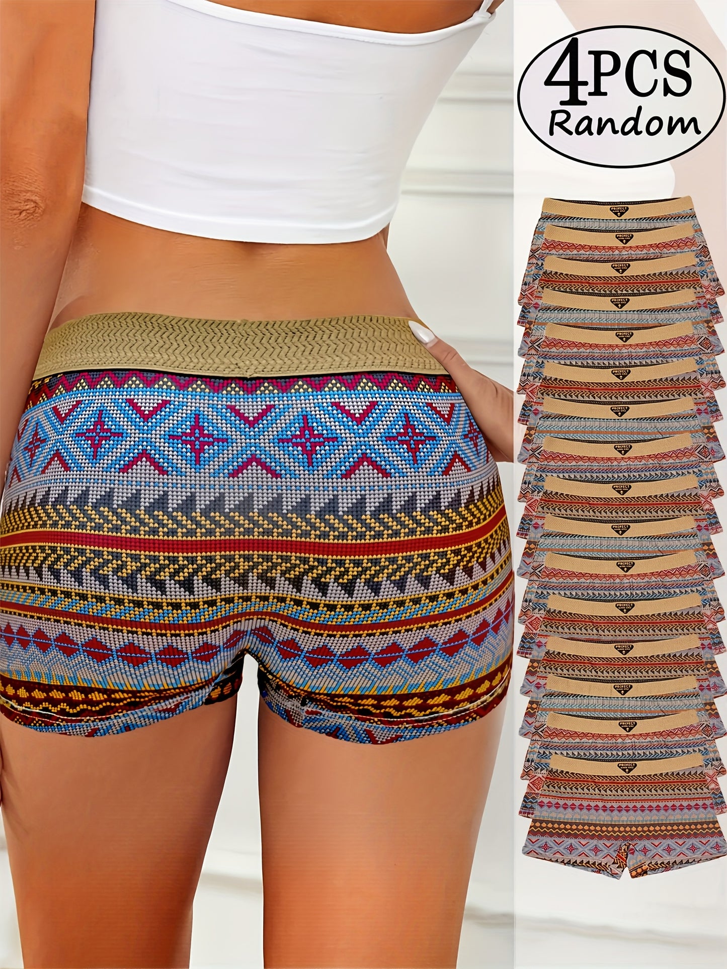 4pcs Women's Ethnic Tribal Print Shorts Underwear - Anti-Chafing Yoga Pants, Soft Mid-Waist Breathable Briefs with Boho Multi-Color (Turquoise/Beige/Brown/Red) Patterns for Gym, Dance & Daily Wear - Machine Washable Safety Sh