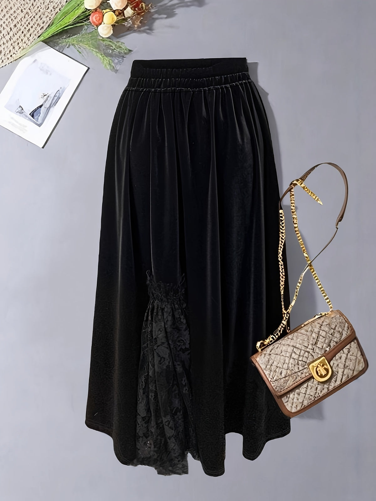 Women'S Elegant Lace Skirt with High Waist & Flared Hem - Long Formal & Semi-Formal Skirt, Solid Black with Intricate Lace Panel, Structured Fit for Fall/Winter, Versatile Everyday to Special Occasion Wear, No Belt Required