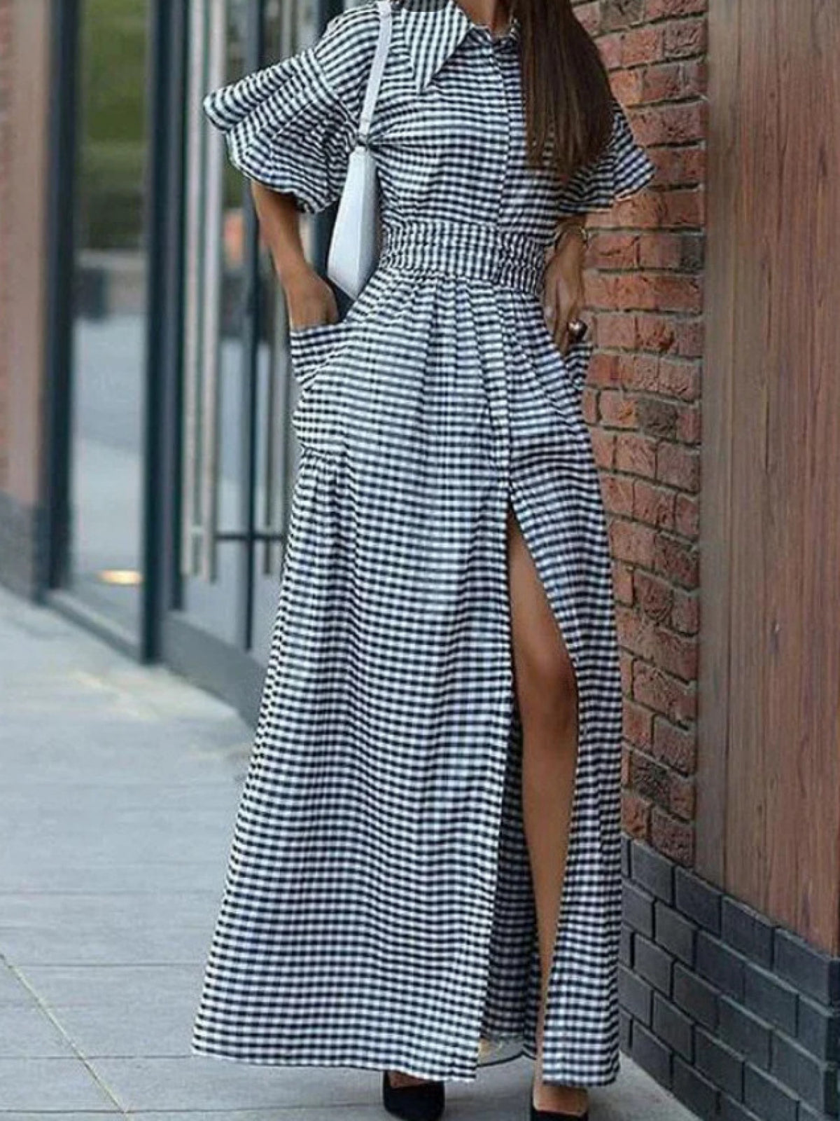 2025 Women'S New Christmas Elements Green Red Plaid Long Casual Fashion Shirt Dress | Three Quarter Length Sleeve, V-neck, Vintage Style, All-season Wear