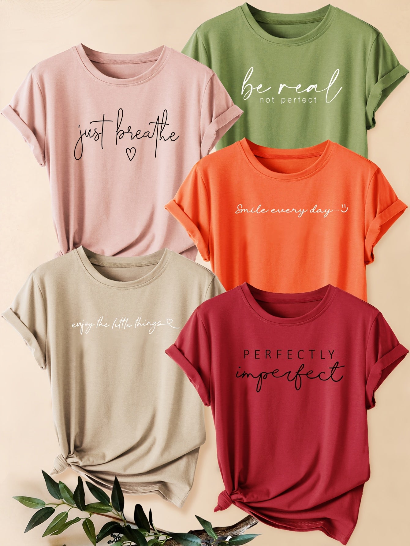 Women's Casual Sporty Round Neck Short Sleeve T-Shirts, Five-Pack, Vintage Style, Black and White Letter Print, Fashion