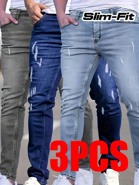 3pcs Men'S Slim-Fit Stretch Faux Denim Set - All-Season Versatile, Solid Color, Regular Fit, Zipper Fly, Casual Wear, Value Pack, Stylish Design, Medium Stretch