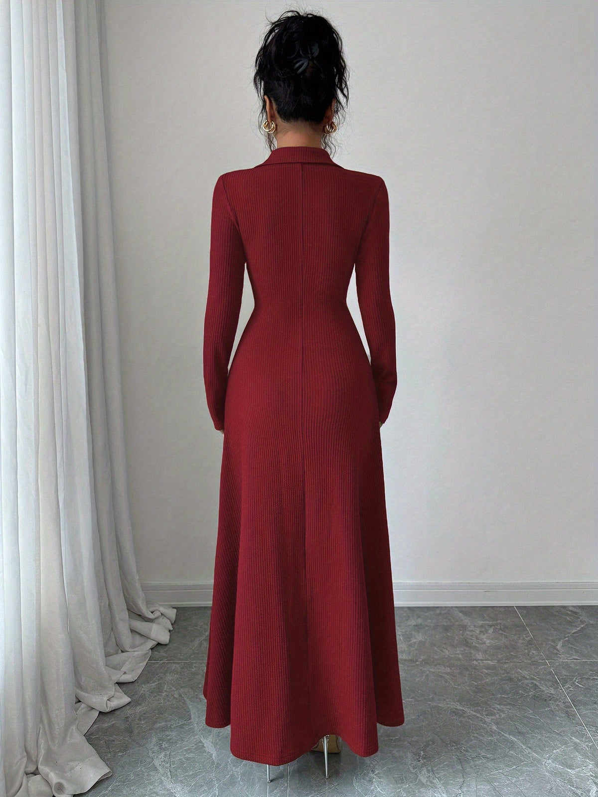 Women'S Elegant A-Line Maxi Dress - Long Sleeve Formal & Everyday Chic Outfit, Button Front Closure, Flattering Fit for Fall/Winter, Office, Party, Fashion Lovers, Stylish Outfit, Quality Stitching, Sophisticated Style, Winte