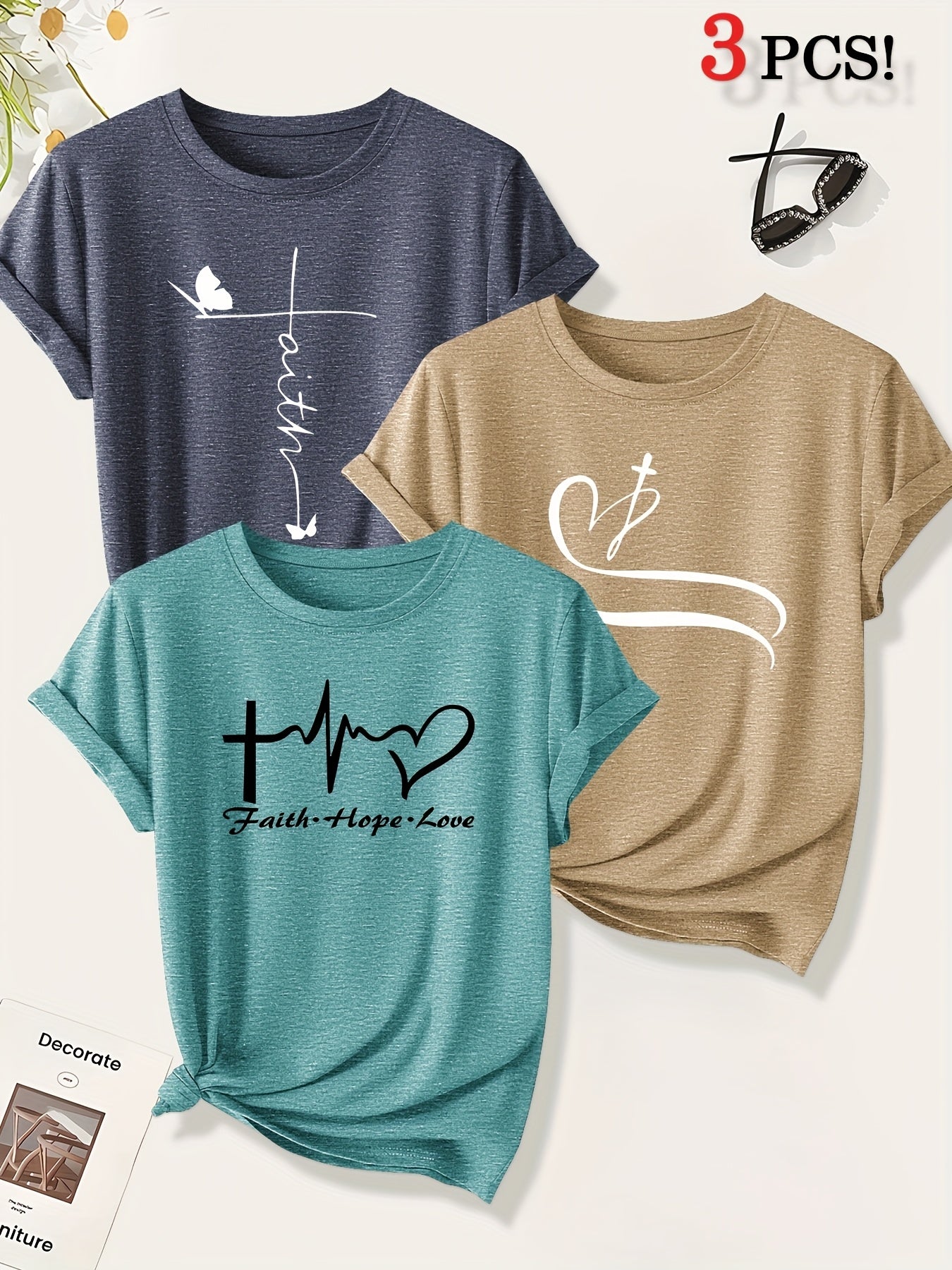[Christian Cross T-Shirts] A Set of Three Women's Christian Cross Pattern Short-Sleeve T-Shirts Featuring Crosses, Hearts, And Butterfly Prints, Perfect for Casual Summer Wear. Stylish, Elegant, And Versatile, Available in Mu