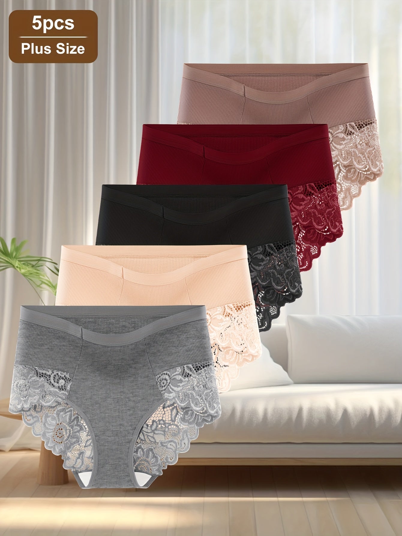 5pcs Plus Size Elegant Lace High Waist Panties, Comfortable Breathable Briefs for Women, Soft Tummy Control Underwear, 0XL-4XL, Breathable Women's Briefs, Lace High Waist Briefs, Plus Size Briefs Pack, Feminine Brief Style, E