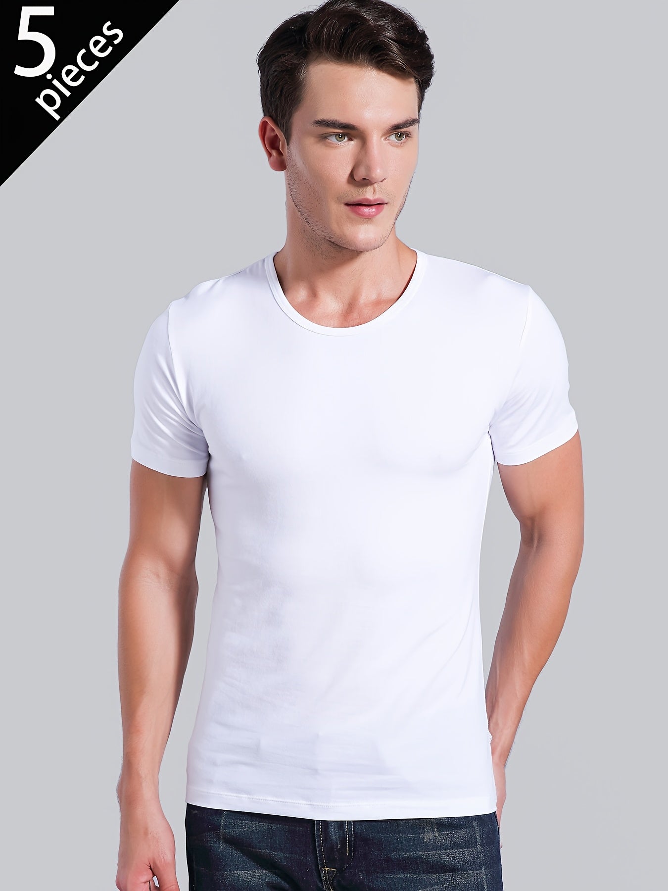 [5pcs Men's White Tees] 5pcs Men's White Solid Color Short-Sleeve T-Shirts - Tight-Fit Breathable Round Neck Gym Basic Tees for Fitness, Underwear & Layering | Year-Round Casual Wear | Bulk Pack for Cost Savings (s/SMen)