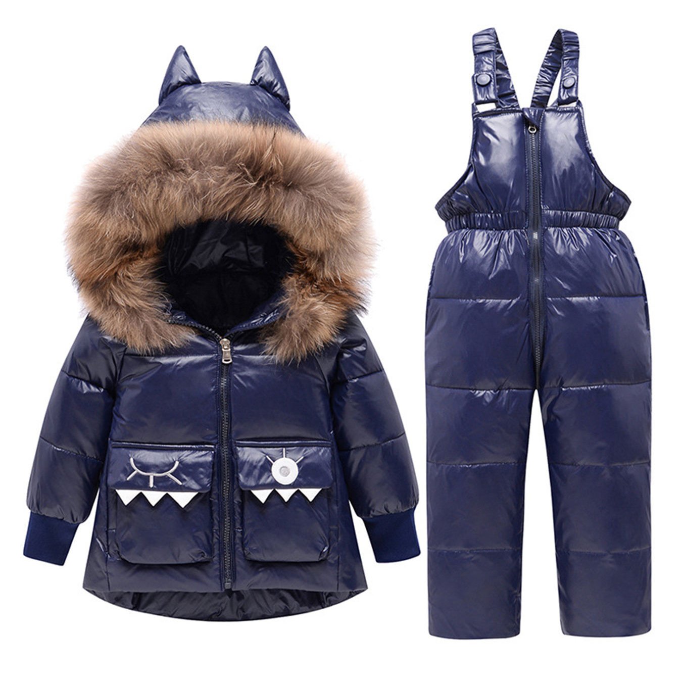 2pcs Windproof Hooded Jacket+ Suspender Snow Pants for Girls& Boys, Winter Thickened Warm Hooded Ski Outfit, Kids' Outdoor Sports Ski Suit, Ski Suit for Kids, Snow Play Clothes, Winter Clothing, Functional Kids Wear, Sporty D