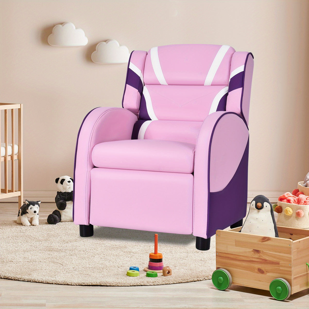 COSTWAY Ergonomic Kids Recliner Chair with Adjustable Backrest (90°-150°) & Storage Pockets, Solid Wood Frame & Faux Leather, Soft Headrest & Armrests, Non-Slip Feet, Modern Pink Armchair for Girls Ages 3-12, Supports 155 l