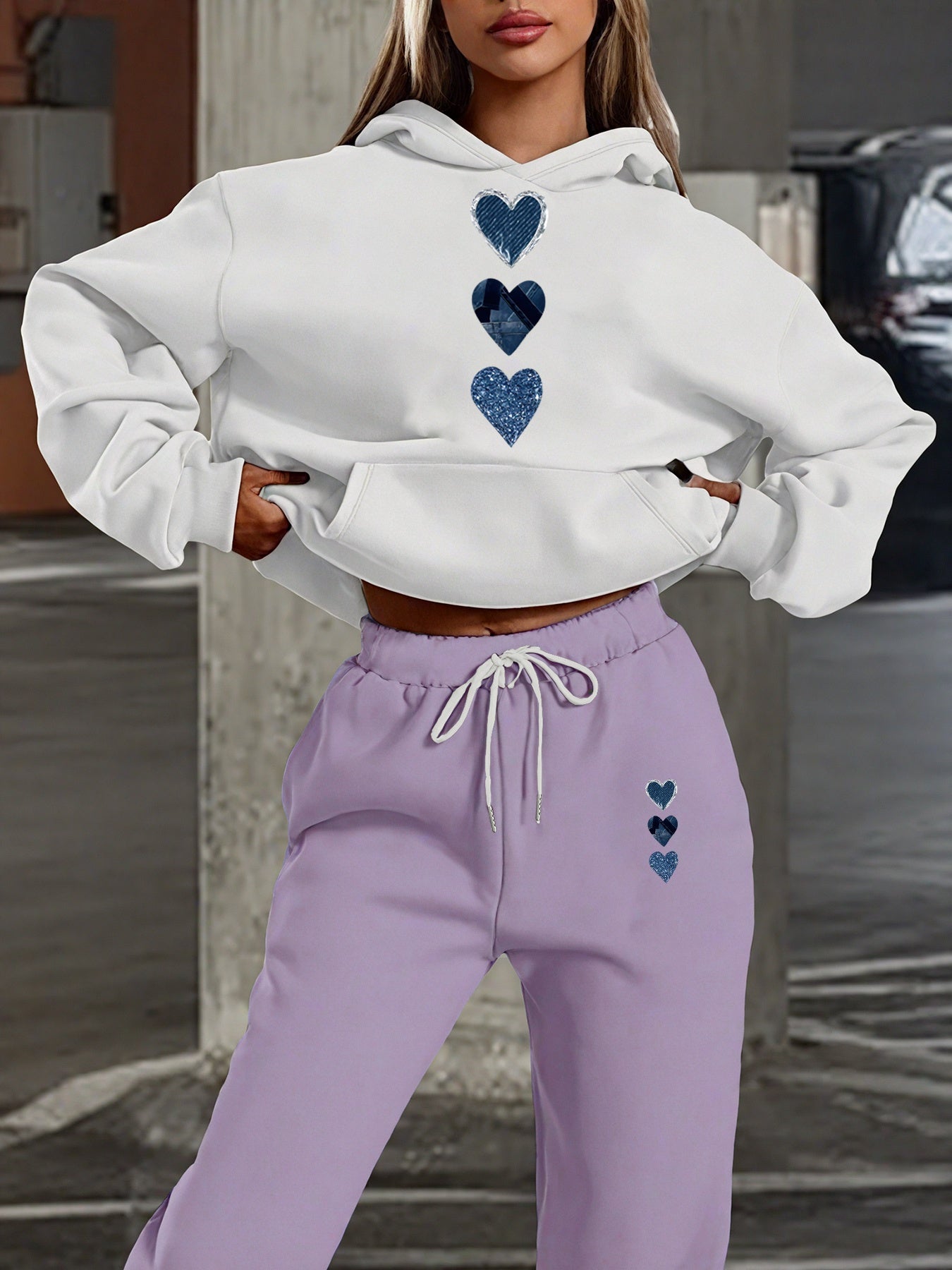 [Heart Print Hoodie Set] 2025 Autumn Winter Women's Casual Heart Print Hoodie & Sweatpants Set - Cozy Long Sleeve Pullover with Pockets, Light Purple, Perfect for Fall/Winter Outfits, Casual Wear|Heart Pattern Top|Pocketed Pa