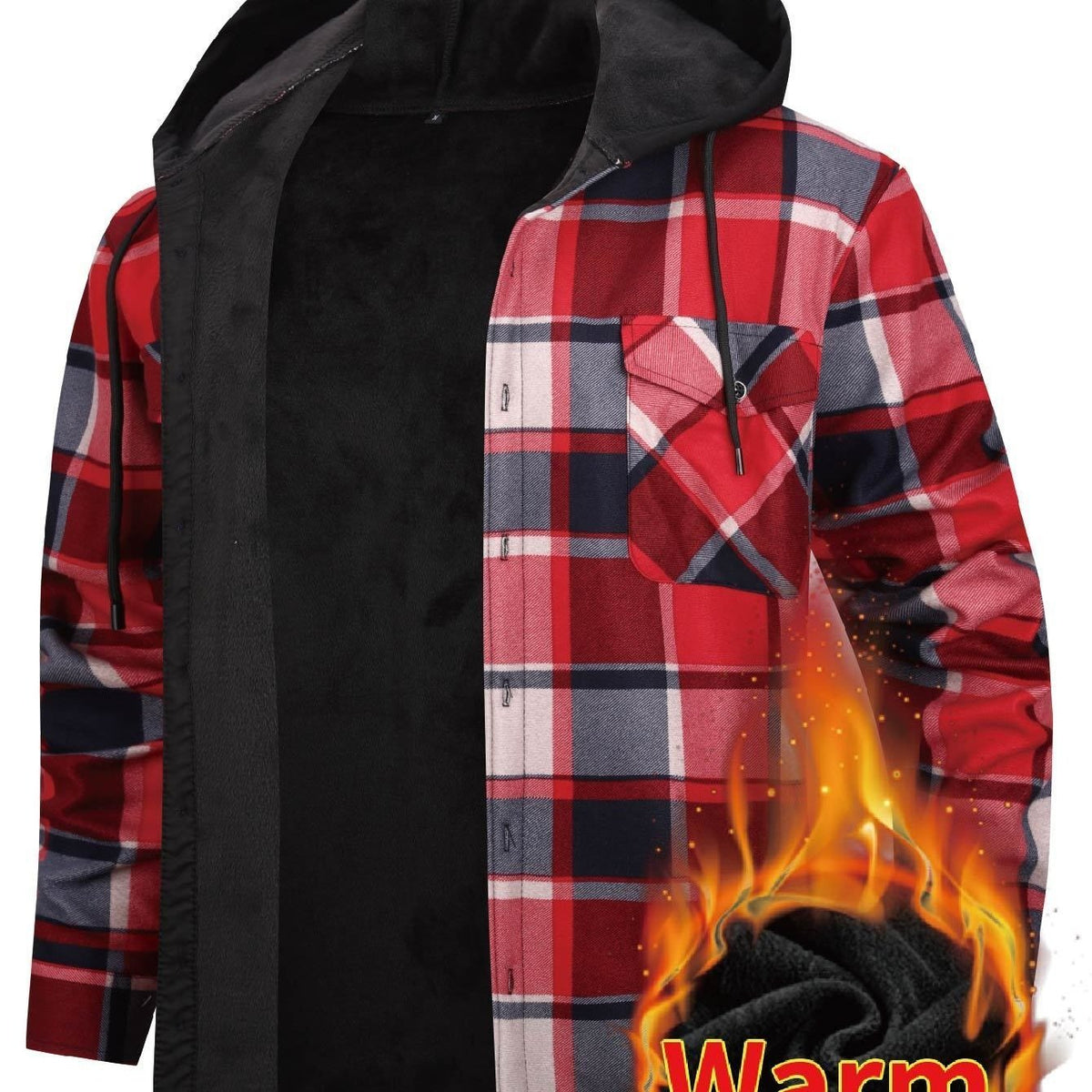 Men's Winter Plush-Themed Hooded Shirt Jacket - Thickened Button-Front Outdoor Coat with Pockets, Loose Fit Casual Blazer (Hand Washable, Fall/Winter) | European/Emerican Sizing for Cold Weather Layering