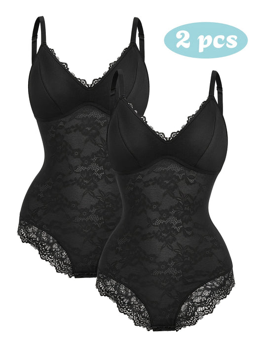 Two-Pack Large Size Women's Printed Lace Shapewear Body Suit Abdominal Shapewear V-Neck Vest Style Top Body Shaper