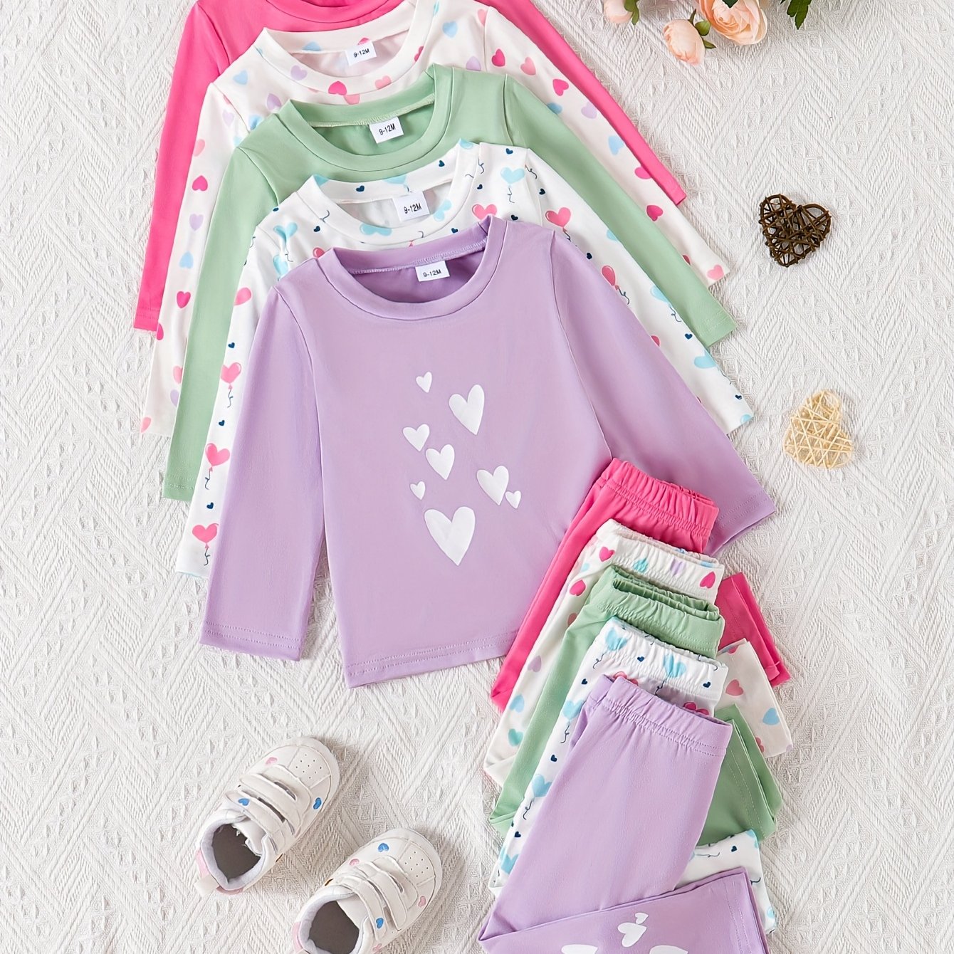 10pcs Baby Girls' Casual Long Sleeve & Pants Set - Cute & Heart Print, Soft Stretchy Fabric, Loose Fit, Spring/Fall Outdoor Playwear, Perfect for Daily Wear, for Outdoor