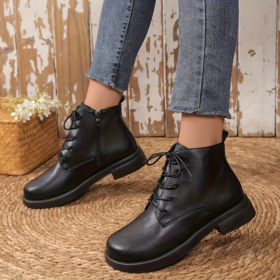 A Pair Of Round-toed, Thick-soled, Solid-color, Lace-up, Low-heeled, Anti-slip, High-top Women's Single Shoes for Autumn And Winter, Short Ankle Boots, Women's And Nude Boots