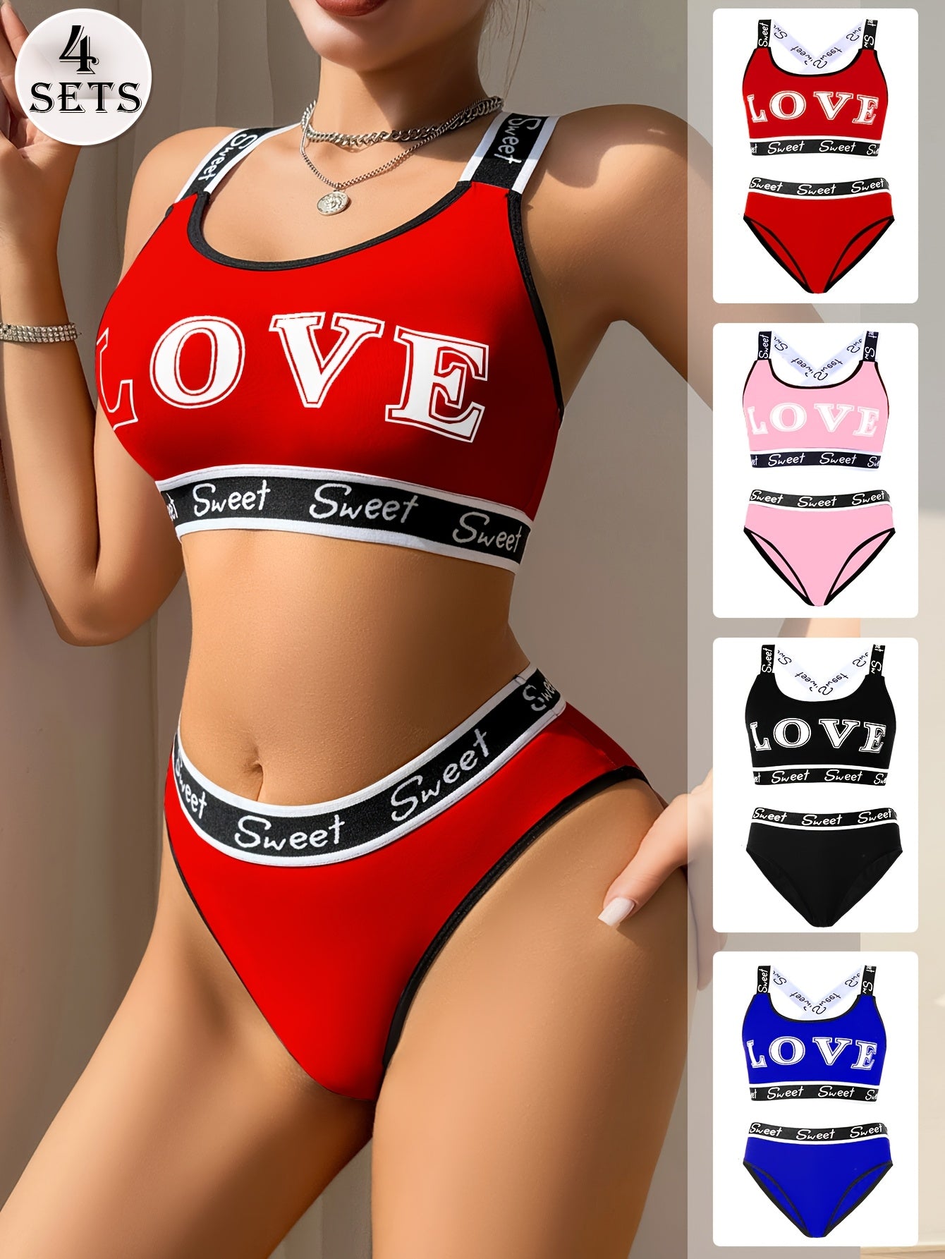 [Monogrammed Bra Set] 4 Sets Women's Monogrammed Bra Set | Fashion LOVE Pattern, Contrast Trim, Quick-Drying Ice Silky Fabric - Comfortable & Breathable for Swimming, Gym, Yoga