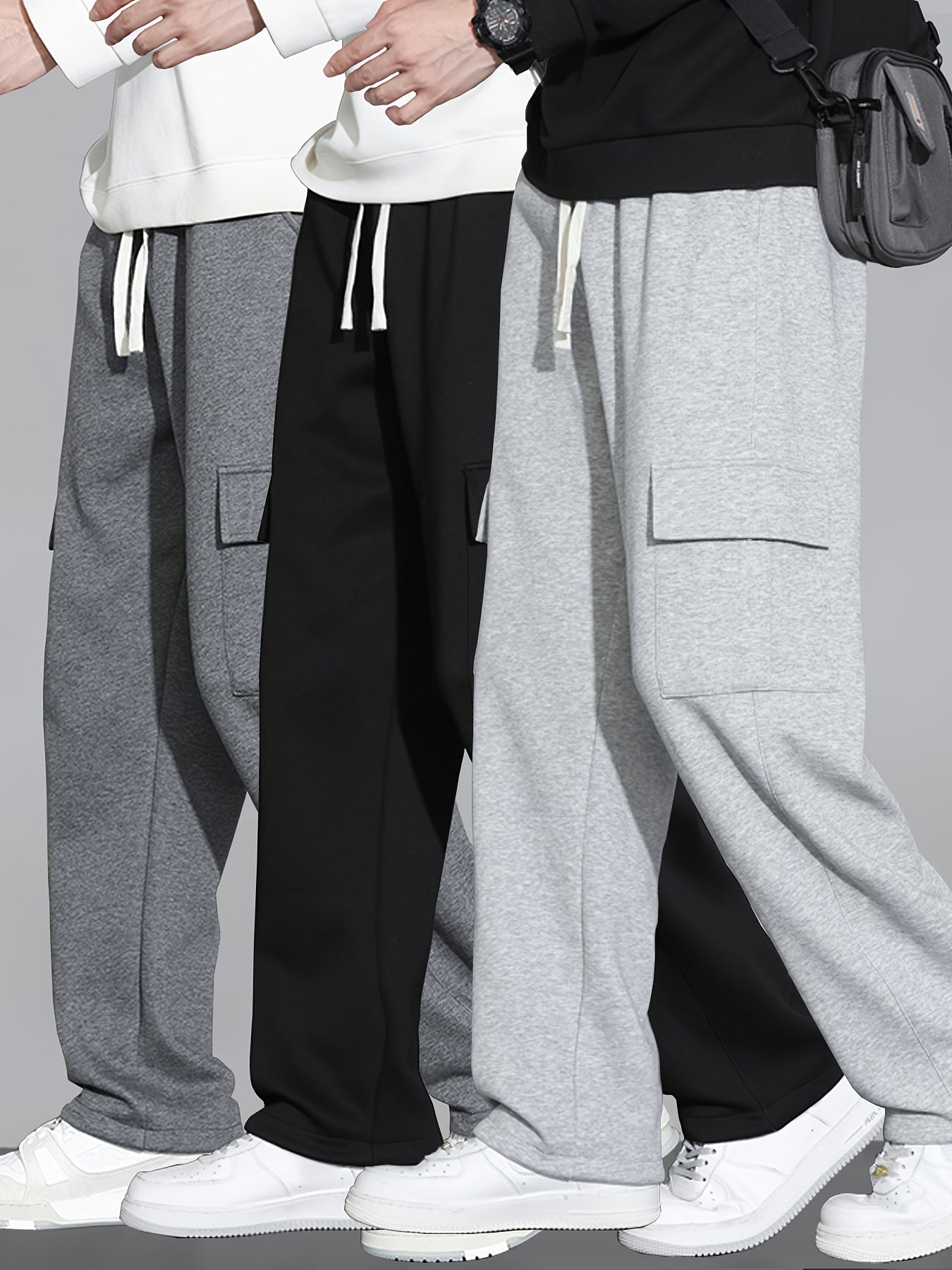 Set of 3 - Men's Casual Sports Pants for Spring, Summer, Autumn, and Winter with Multiple Pockets, Loose Fit, Ideal for Workouts, Jogging, Includes Cargo Pants and Straight-Leg Pants