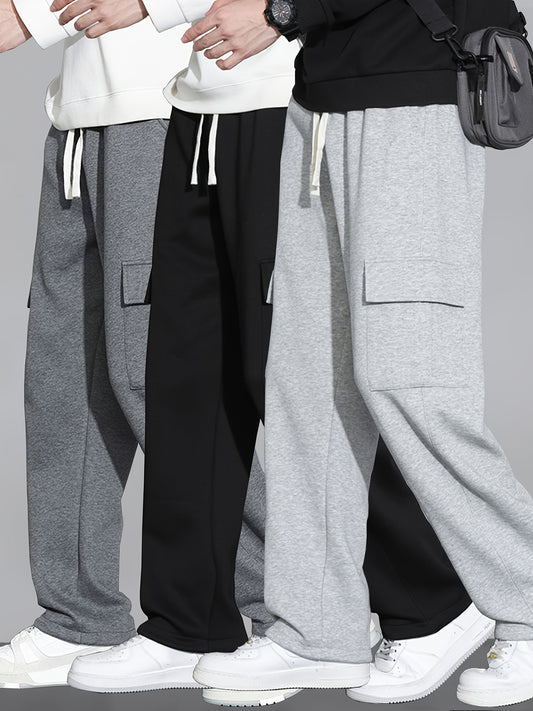 Set of 3 - Men's Casual Sports Pants for Spring, Summer, Autumn, and Winter with Multiple Pockets, Loose Fit, Ideal for Workouts, Jogging, Includes Cargo Pants and Straight-Leg Pants