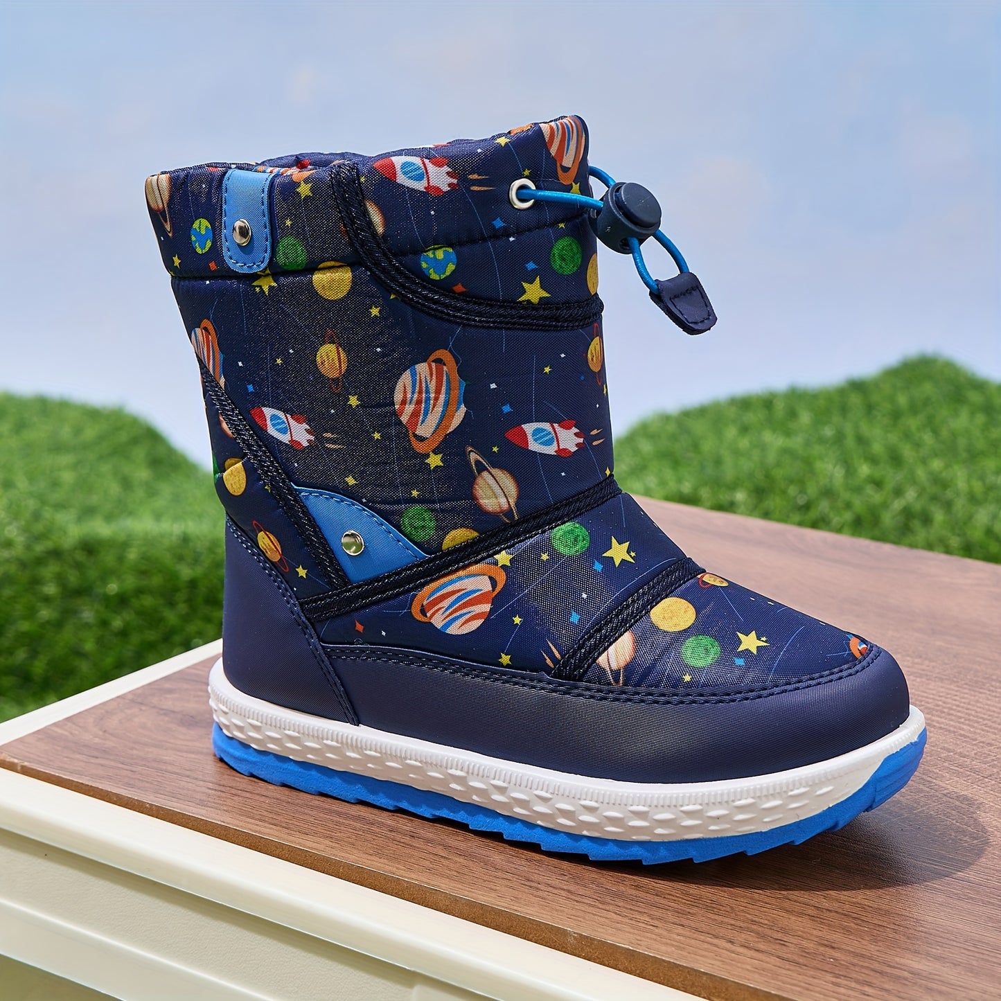 DACLAY & All-Season High-Top Snow Boots with Space-Themed Rocket & Planet Design, Zipper & Buckle Closure, Warm PU/Fabric Upper & Lining, All-Terrain Traction for Outdoor Play,, Winter - Unisex ' Winter Shoes, Snow Boots, Sno