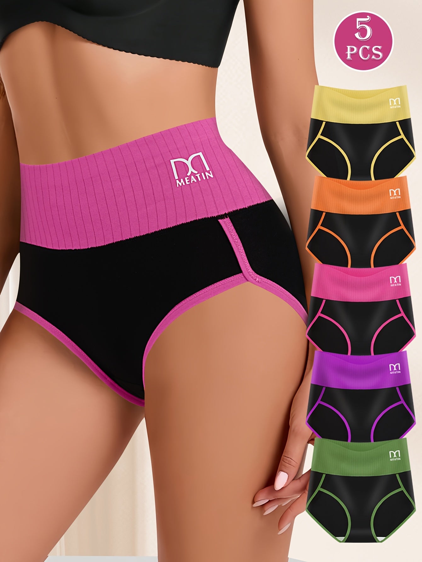 5pcs High Waist Tummy Control Panties - Bikinis With Fashion Contrast Color, Comfortable Fit, And Briefs Style