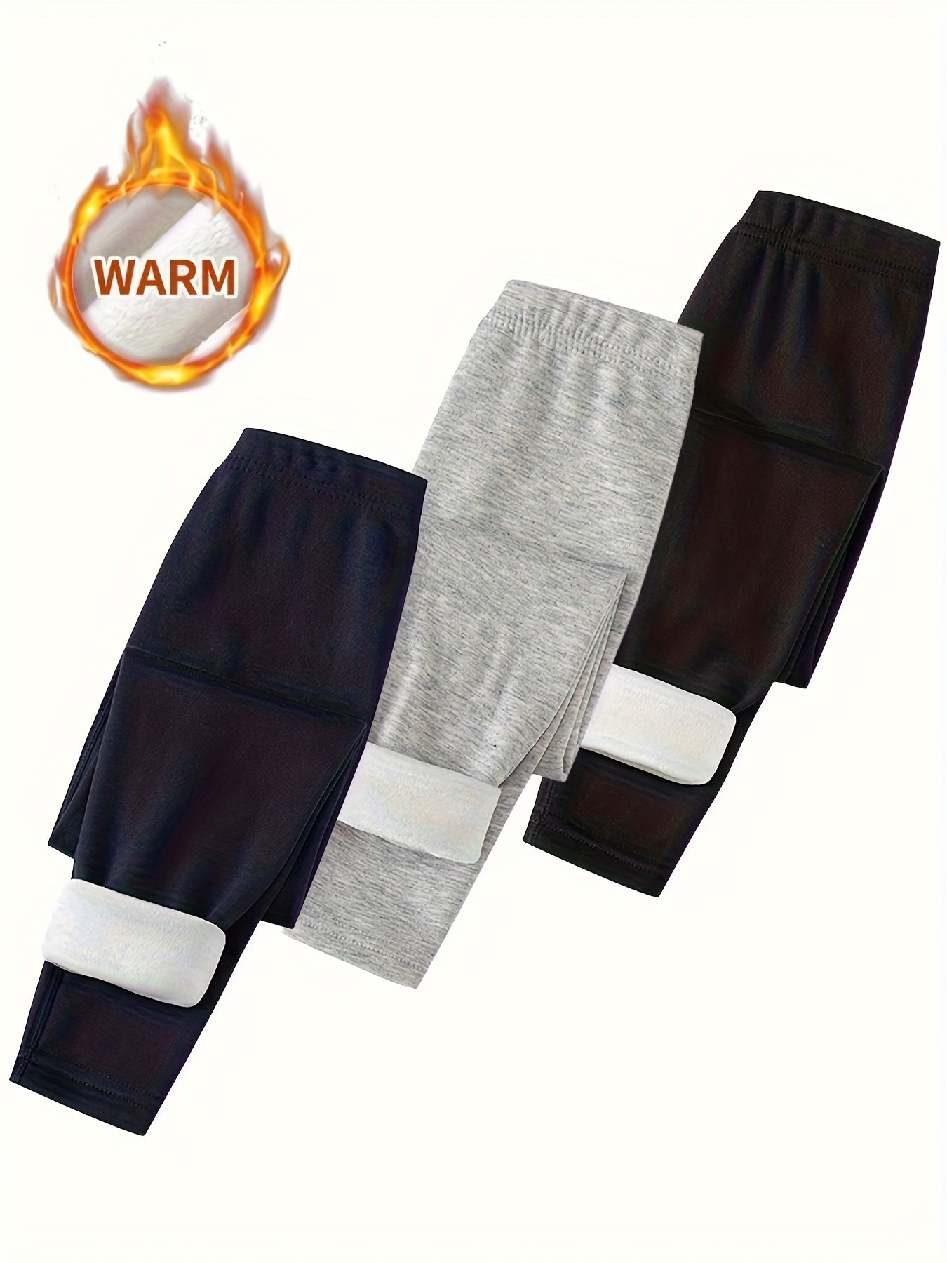 [3pcs Girls' Thermal Leggings] 3pcs Girls' Thermal Leggings - Thick Winter Running Pants with High-Stretch Tummy Control, 6 Color Options (Black/Dark Brown/ Grey/White/Navy/Beige) - Full-Length Athletic Wear for 3-12 Years, G