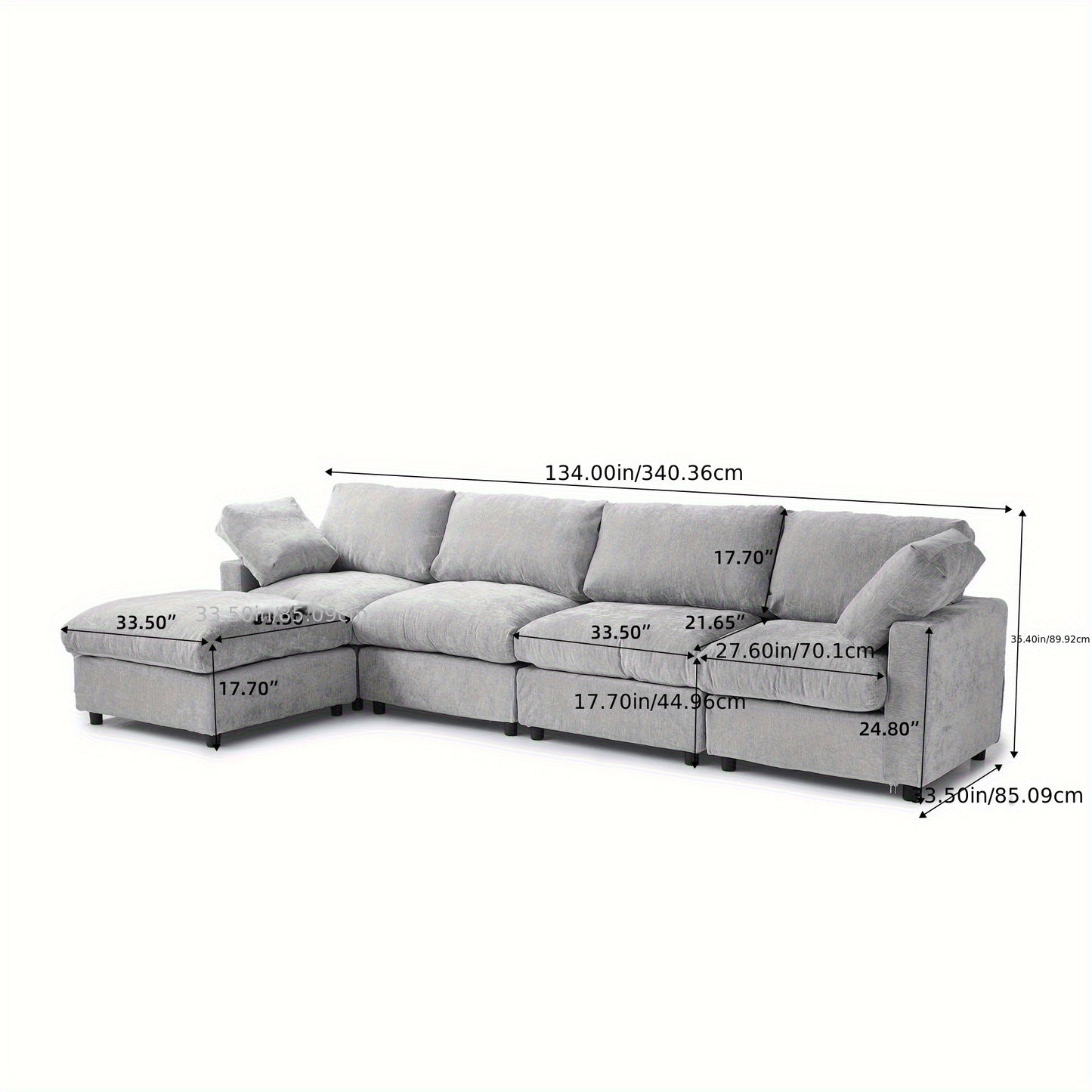 Cloud Couch Modular Sectional Sofa, 134" L Shaped Couch, Oversized Convertible Wide Seater, 4 Seater With Ottoman For Living Room Set, Covers Washable&Replaceable