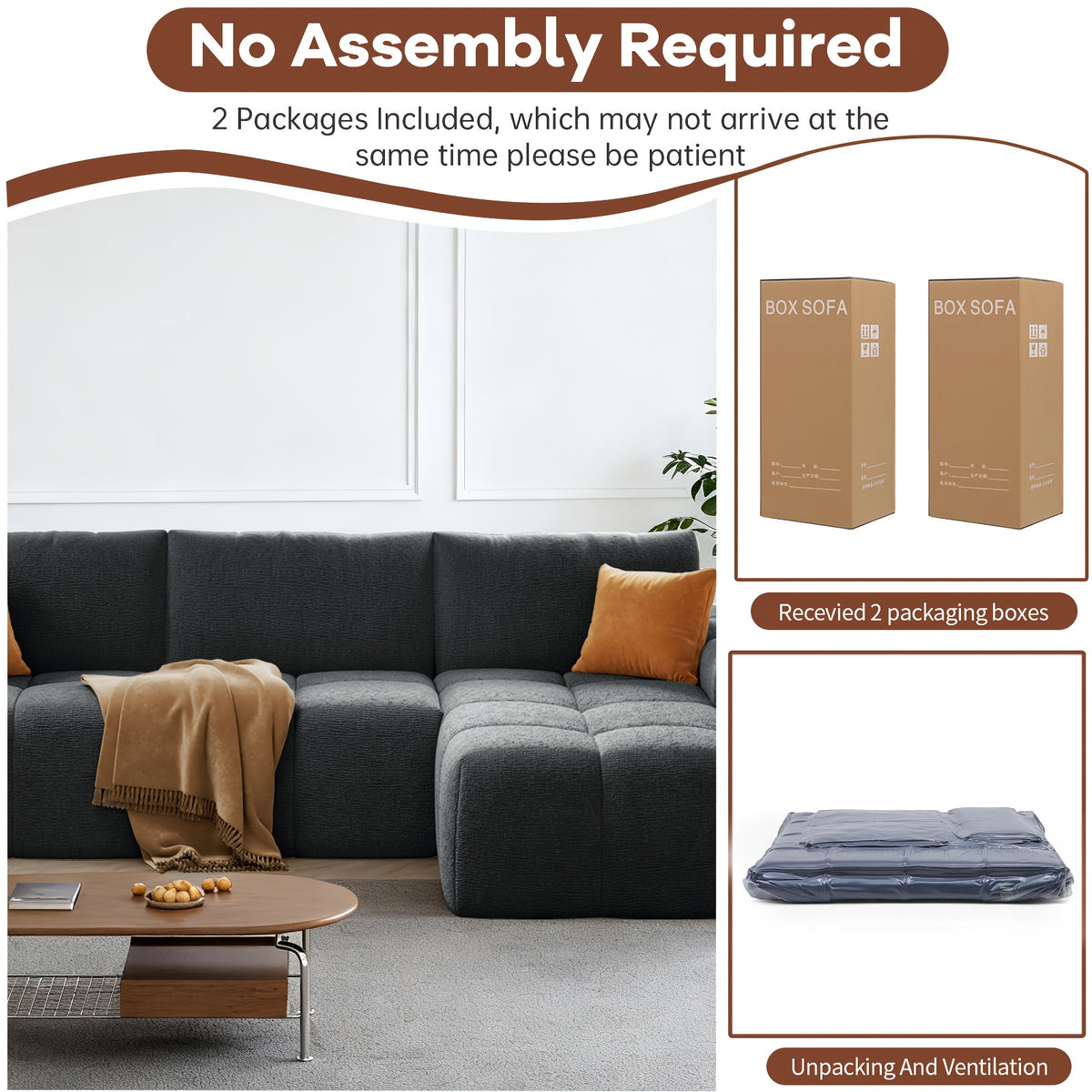 L-shaped Multi-functional Sofa Bed, Modern Fabric Sofa, Extra-large Frameless Living Room Sofa, Modern Minimalist Style with Ergonomic Design, No Assembly Required, Deep Seat Design with 3 Throw Pillows, Soft Fabric Finish (m