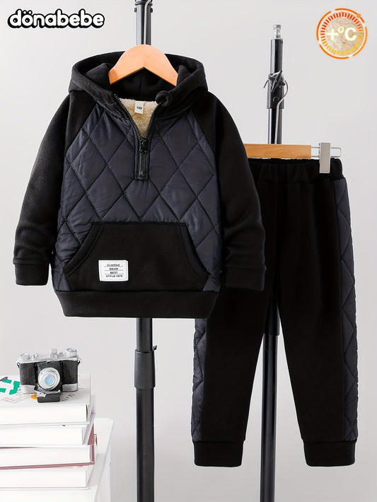 ' Autumn/Winter New Set, Stylish Classic Half-Zip Hooded Sweatshirt with Plaid Fleece-Lined Comfortable Versatile Top and Large Pockets Pants Casual Warm Simple, for Outdoor
