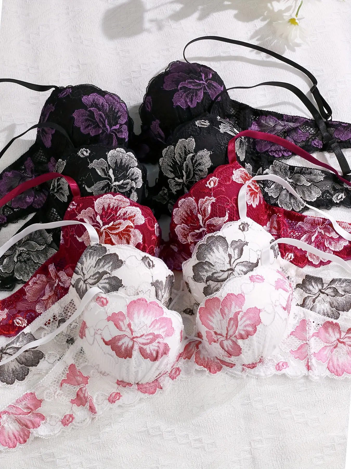 5pcs Women'S Elegant Floral Lace Trim Bras - Medium Support Underwire Push-Up Bras with Non-Removable Pads, High Support for Autumn & Winter, Daily Wear & Casual Activities, Black/Red/White/Gray/Beige, Comfortable Undergarmen