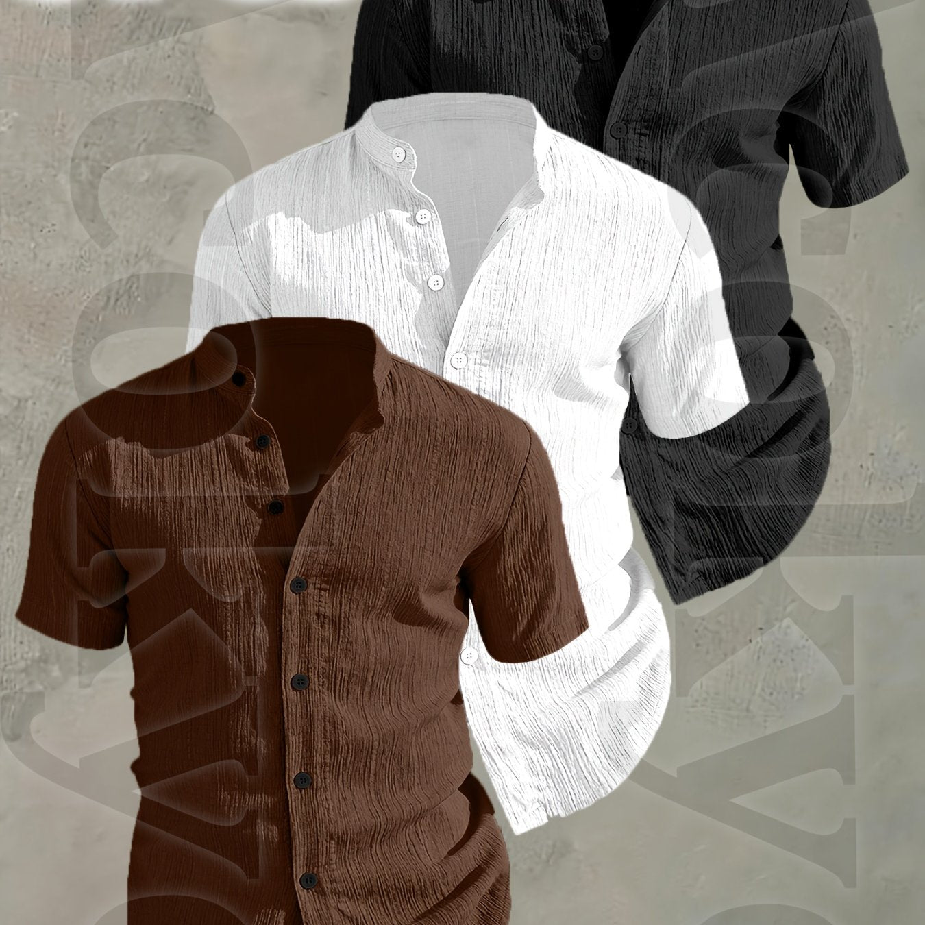 3pcs Set Men's Summer Short Sleeve Shirts • Lightweight Breathable Solid Color Button Casual Shirts with Stand Collar • Ideal for Beach Vacations, Pool Parties, and Daily Wear