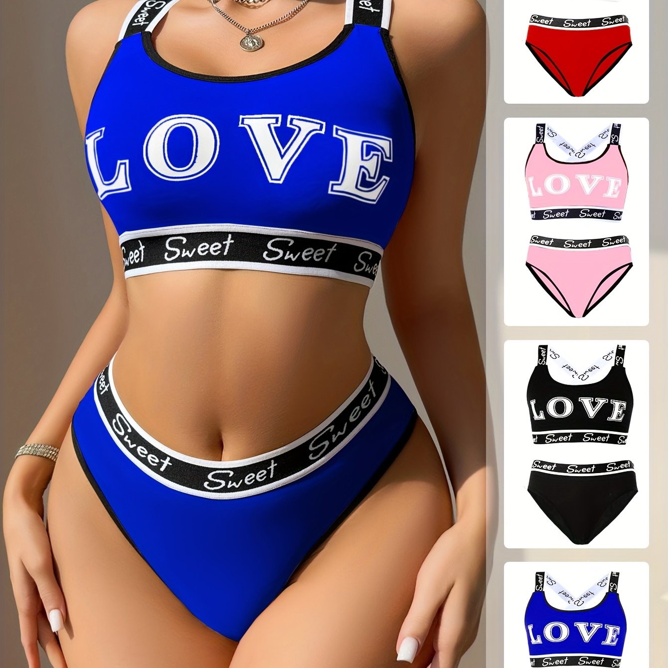 [Monogrammed Bra Set] 4 Sets Women's Monogrammed Bra Set | Fashion LOVE Pattern, Contrast Trim, Quick-Drying Ice Silky Fabric - Comfortable & Breathable for Swimming, Gym, Yoga
