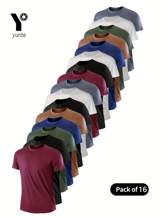 16pcs Red-Black-Army-Green-Camo-Black-White-Gray-Red-Black-White-Army-Green-Camo-Army-White-Gray Mixed Colors, Ultra-Light Men's Crew Neck T-Shirt - Quick-Drying, Breathable, Sweat-Wicking Shirt, Suitable for Fitness, Gym, an