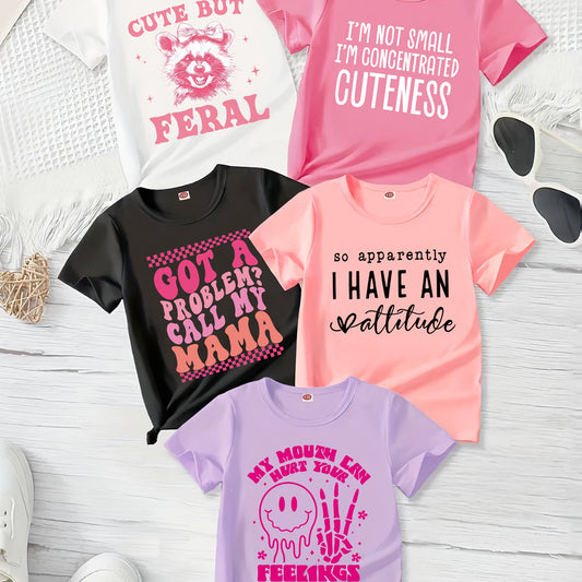 [Fun Letter Print T-Shirt] 5pcs Girls' Comfortable Polyester Short Sleeved T-Shirt | Fashionable Casual Summer Top with Fun Letter Pattern Print