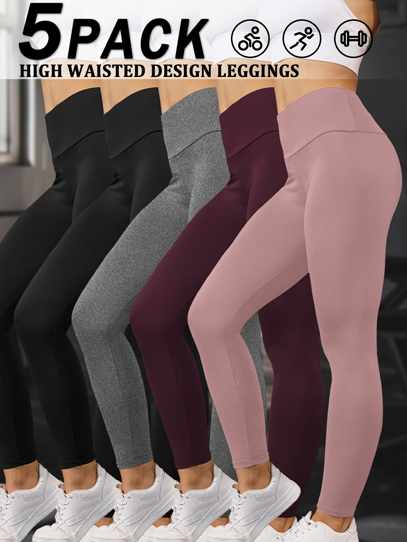 Set of 5 Ultra-Soft Leggings for Ladies, Featuring a High Waist for Tummy Support, Designed for Workouts, Yoga, And Running Without Being See-Through