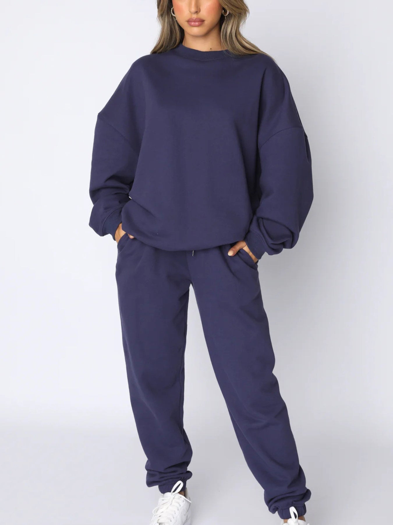 Solid Color Sweatshirt Set- Women's Round Neck Long Sleeve& Pants