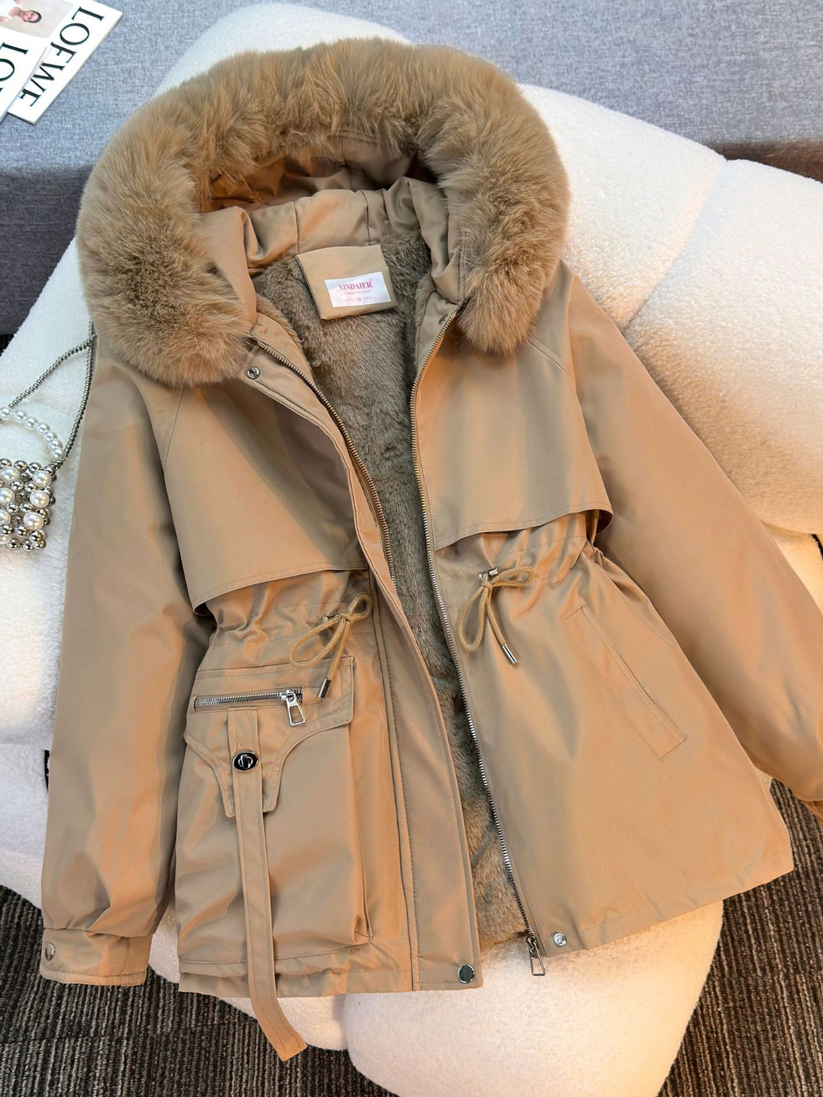 Women's Cold-Weather Fleece-Lined Fur Collar Parka Coat - One-Piece Winter Jacket with Pockets, Solid Color Casual Outerwear (No /Hoop Ears/Short Sleeves) for Extreme