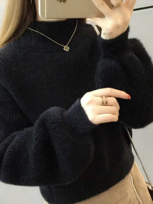 Women's Elegant Lantern Sleeve Sweater - Winter Warm High Neck Pullover with Long Sleeves, Soft Cable/Ribbed Collar & Plain Color Design (No Patches), Cozy Fall Winter Sweater for Casual & Formal Events, Hand Wash/Dry Clean