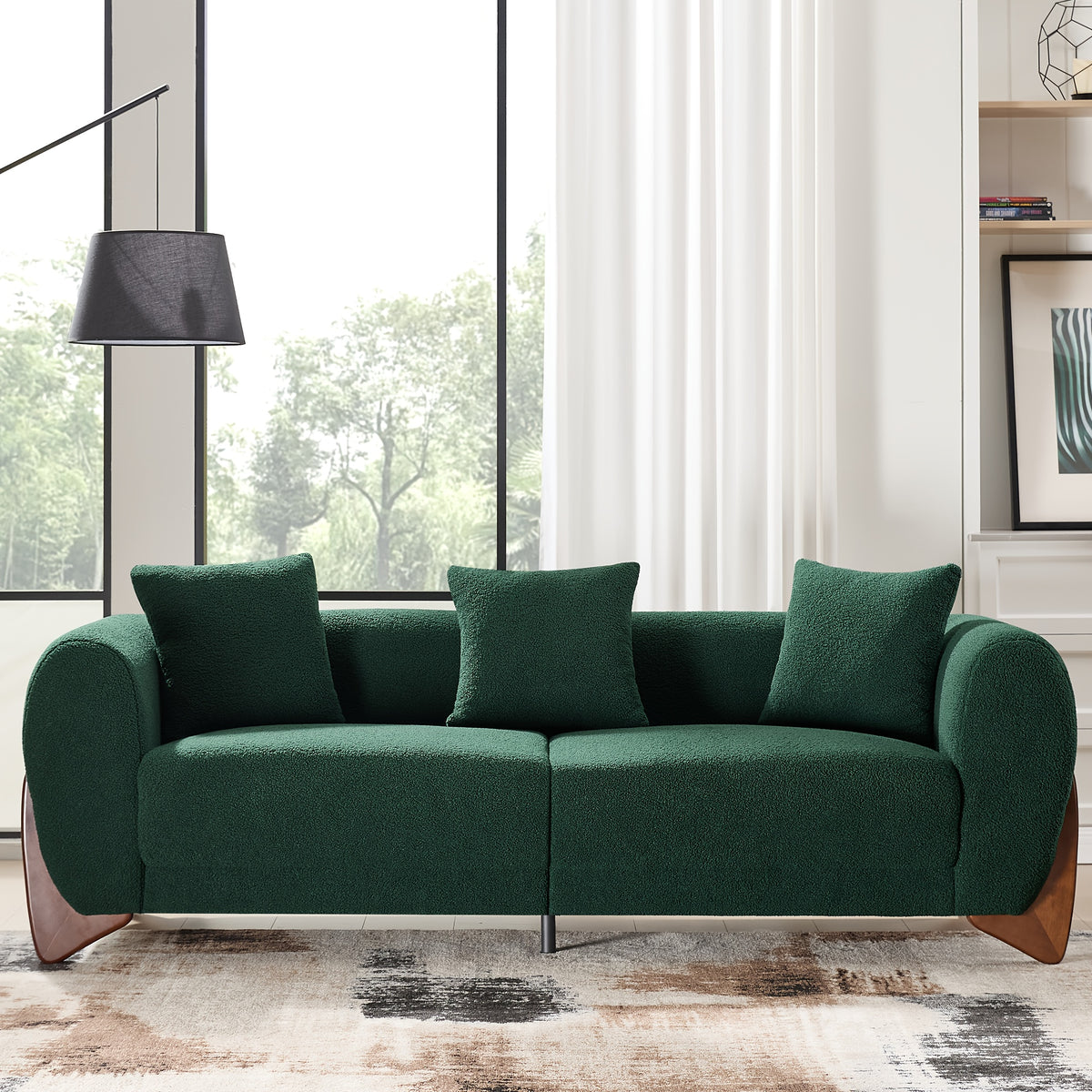 87inch Sherpa Boucle Cloud Couch Modern 3 Seater Sofa with Solid Wood Legs, 25inch Extra Deep Seat, Comfy Thick Cushion Upholstered Sofa Couches with 3 Pillows for Living Room, Green