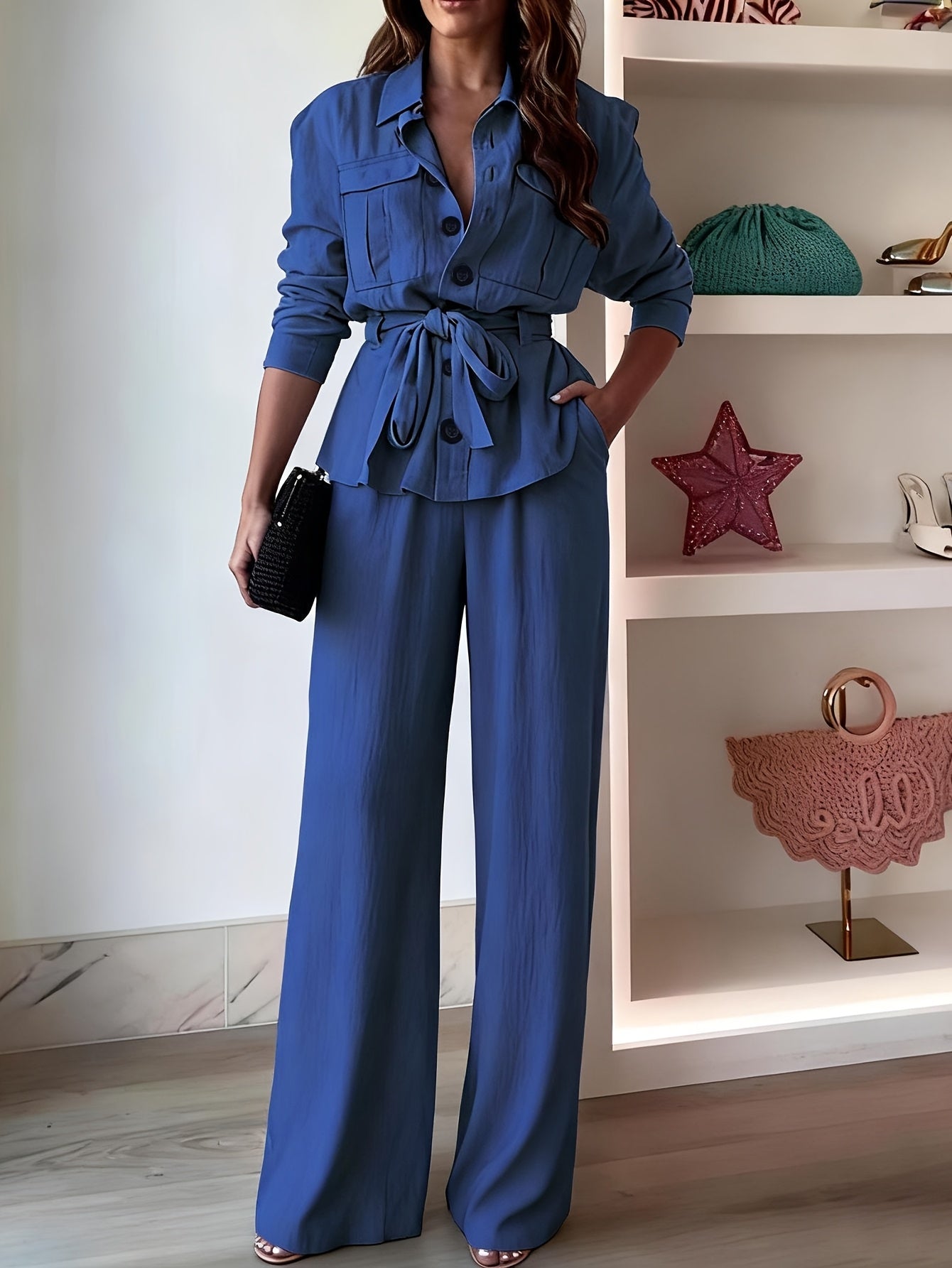 [Two-Piece Set] Casual Two-Piece Set Featuring a Collared Long-Sleeve Shirt with Buttons And Wide-Leg Solid Color Pants